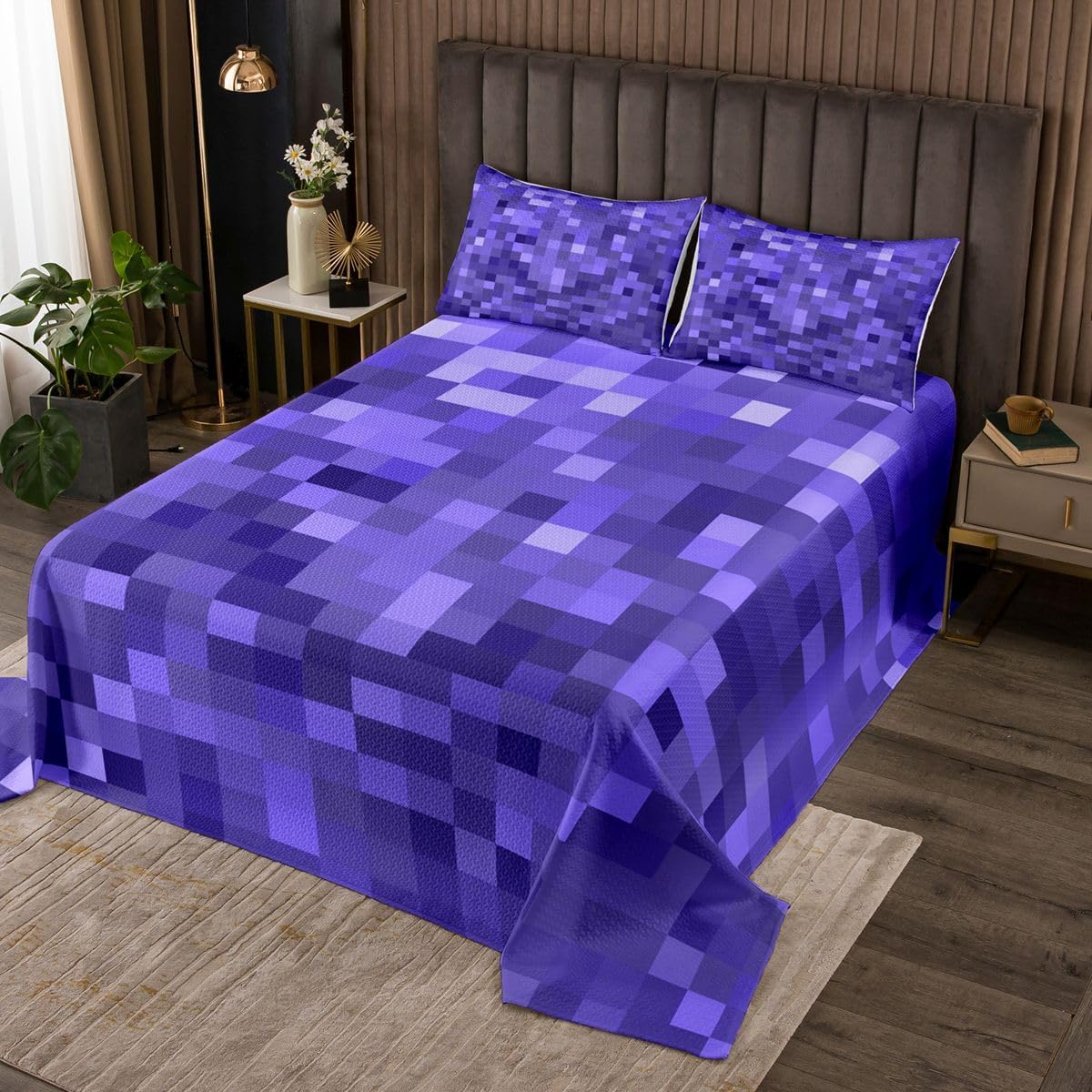 Manfei Pixelated Miners Game Kids Bedspread Twin Size,Videogame Gamepad Gaming Coverlet Set,Girls Boys Room Decor,Modern Geometric Square Quilted Coverlet,Purple Bedding Quilt,1 Pillowcase