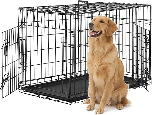 Jaula grande para perros de 48 pulgadas, de alambre de metal, para interiores y exteriores, plegable, de doble puerta, para cachorros grandes y