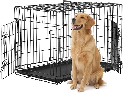 48 inch Large Dog Crate Kennel Metal Wire Indoor/Outdoor Double-Door Folding Dog Cage for Large Medium Puppy Dog Pet Crate with Plastic Tray and Handle