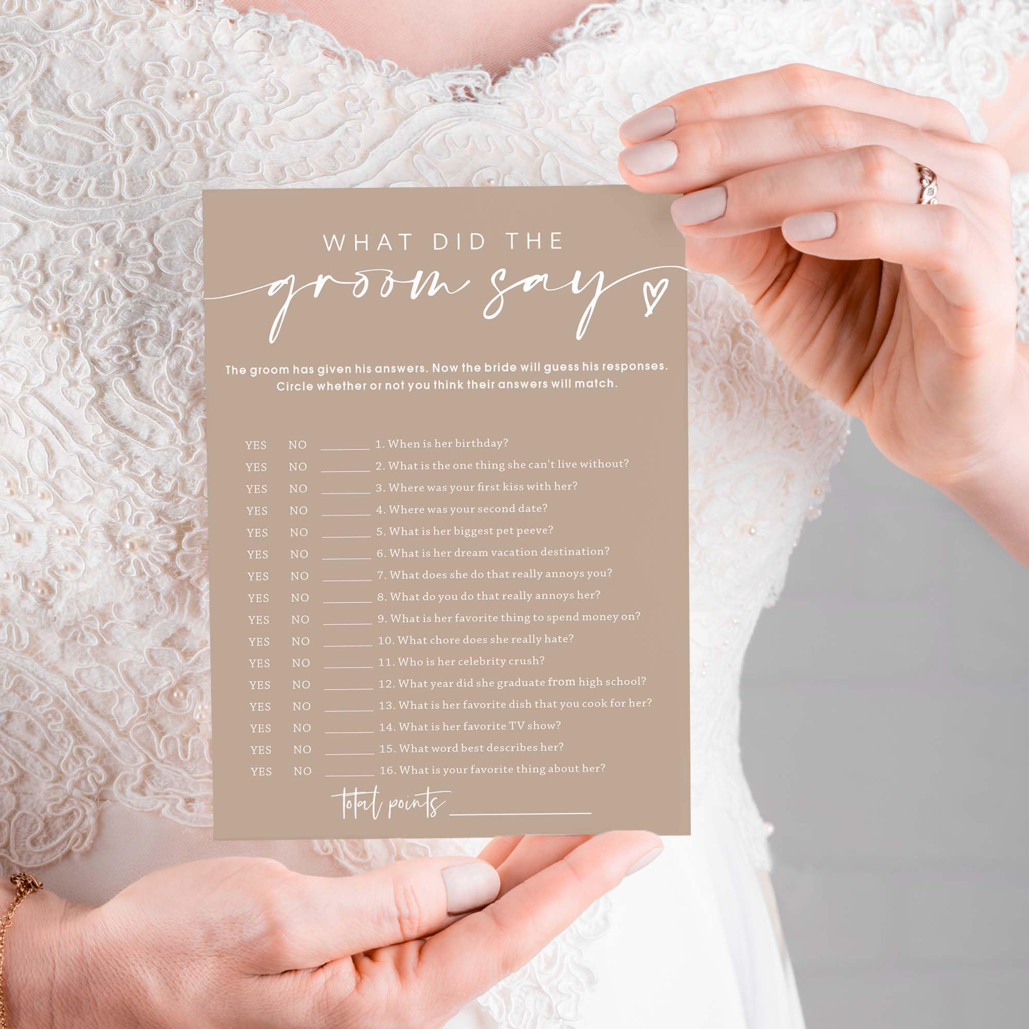 Tarjetas de juegos de despedida de soltera, What Did The Groom Say, juegos de despedida de soltera para 25 invitados, fiesta de compromiso, juegos de boda para invitados, suministros minimalistas de