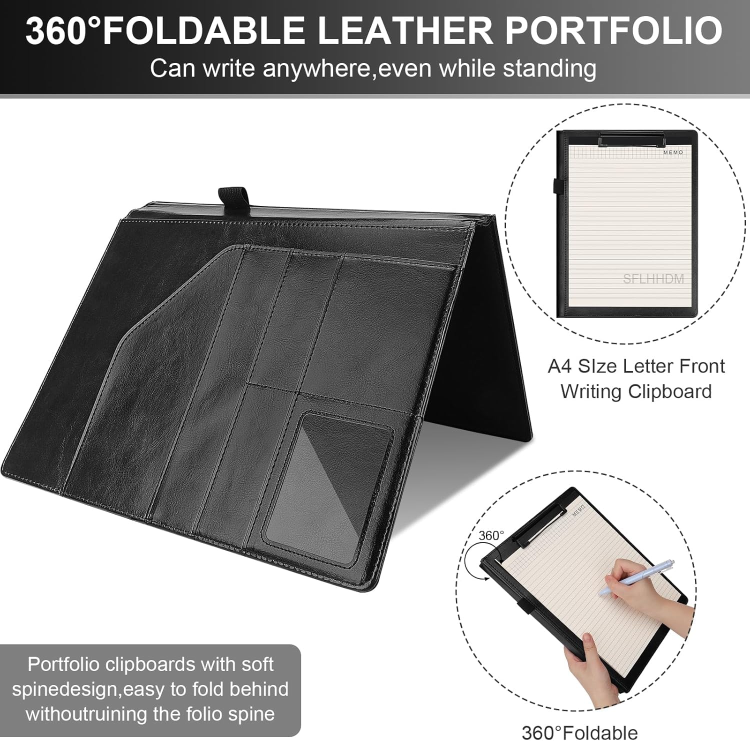 Professionelles Portfolio-Padfolio, PU-Leder, A4-Größe mit Klemmbrett, Notizblock, Visitenkartenhalter, Stiftschlaufe, mehrere Taschen für Büroorganisation (schwarz)