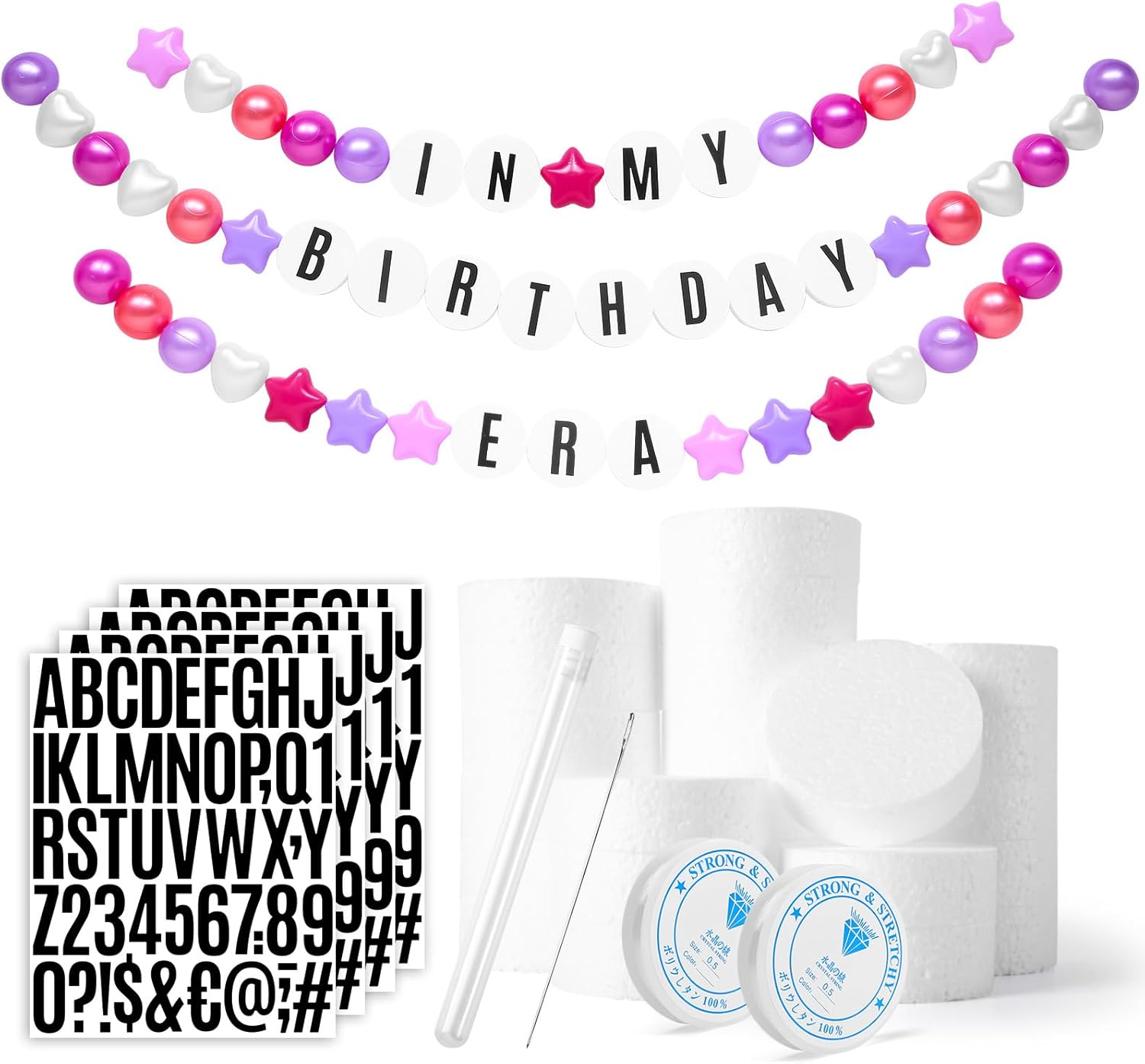 DIY Giant Friendship Bracelet Birthday Banner - Personalized Birthday Banner Garland, Decor Knit with Foam Circles & 50 Plastic Ball Pit Balls for Themed Party (Red Purple)