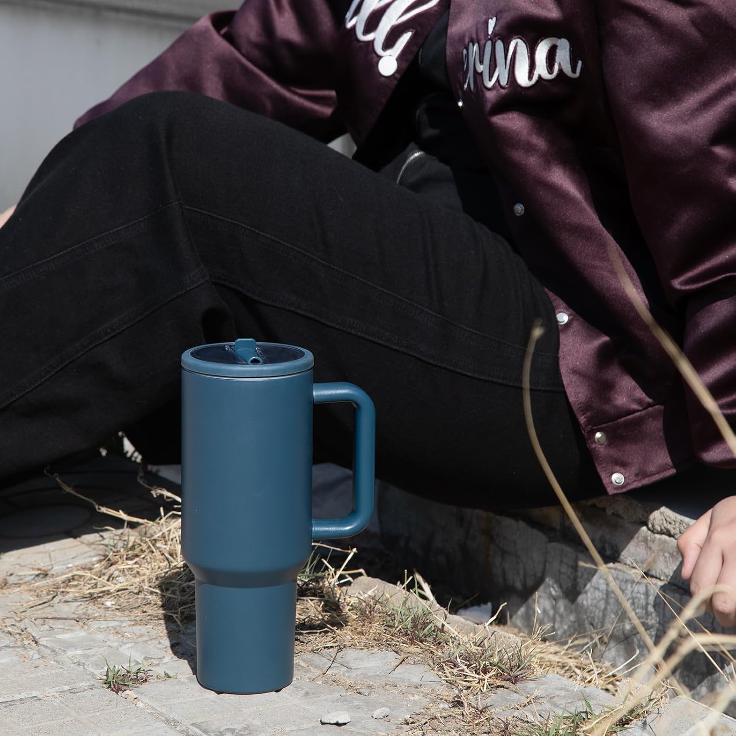 40 oz Insulated Tumbler with Handle,Flip Straw,Lid & Rubber Base Stainless Steel Water Bottle - Leak Proof Vacuum Insulated Mug BPA Free Reusable Travel Cup Gifts for Women/Men (Darkblue 40oz) - Image 6