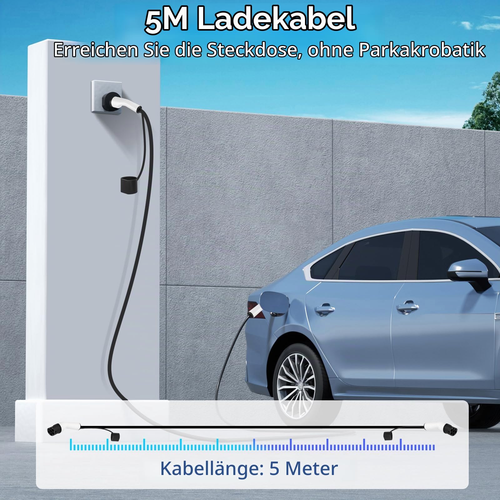 Typ 2 Ladekabel 11kW 5M 16A EV Ladekabel für Elektroauto mit Tragetasche Typ 2 auf Typ 2 EV Ladekabel für E Auto Model 3/Y, ID.3/4/5, C5X, DS7, GLA, Q3, X3