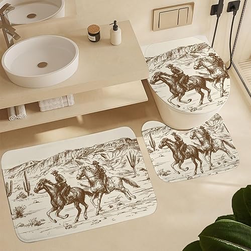 Miniatura 9 de American Wild West Cowboys - Juego de 3 alfombras de baño de terciopelo coral con temática de país occidental, antideslizante, absorbente, en forma