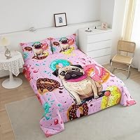 Vista 4 de Juego de edredón de perro lindo para niños, juego de ropa de cama con estampado de carlino de dibujos animados para niños y adolescentes, juego