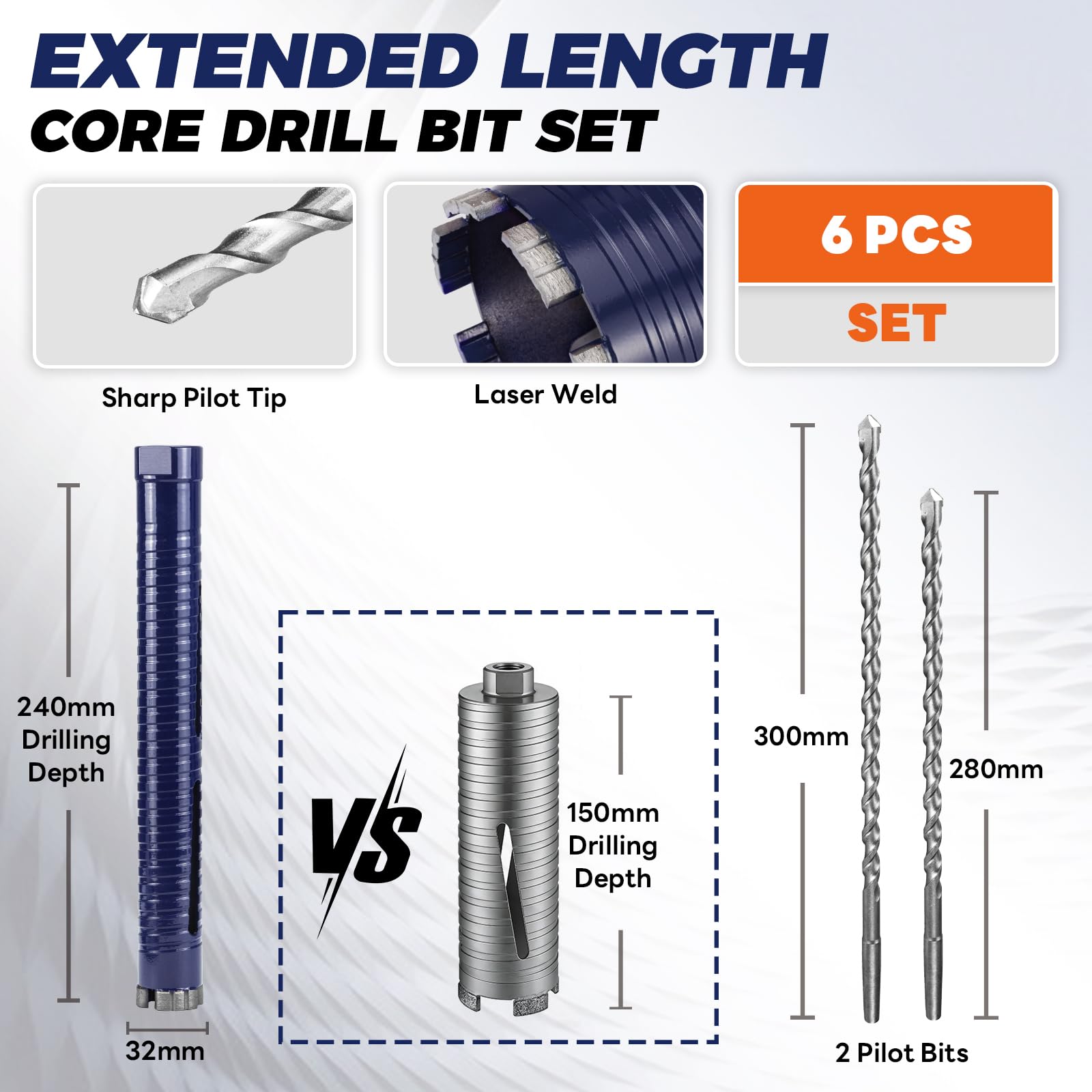 Pro32x240mm Carotteuse Set,comprend 3adaptateurs(240mm&SDS Plus standard,Hex),2forets centraux extra longs–Pour trous profonds dans le béton,la brique,le bloc,la pierre–Filetage1/2" BSP