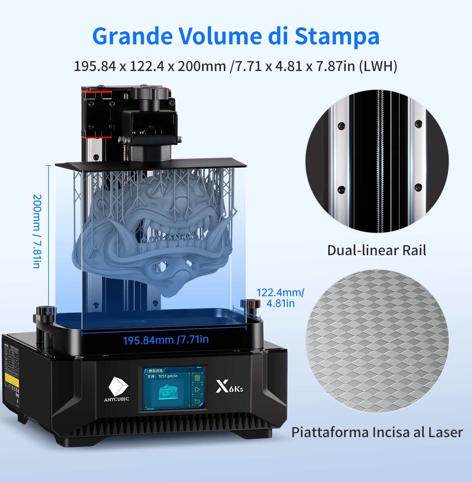Anycubic Photon Mono X 6Ks Stampante 3D a resina, Schermo Monochrome LCD 6K da 9,1 pollici, Con Matrice LighTurbo Matrix Aggiornata, Grande Volume di Stampa di 195x 122x 200mm