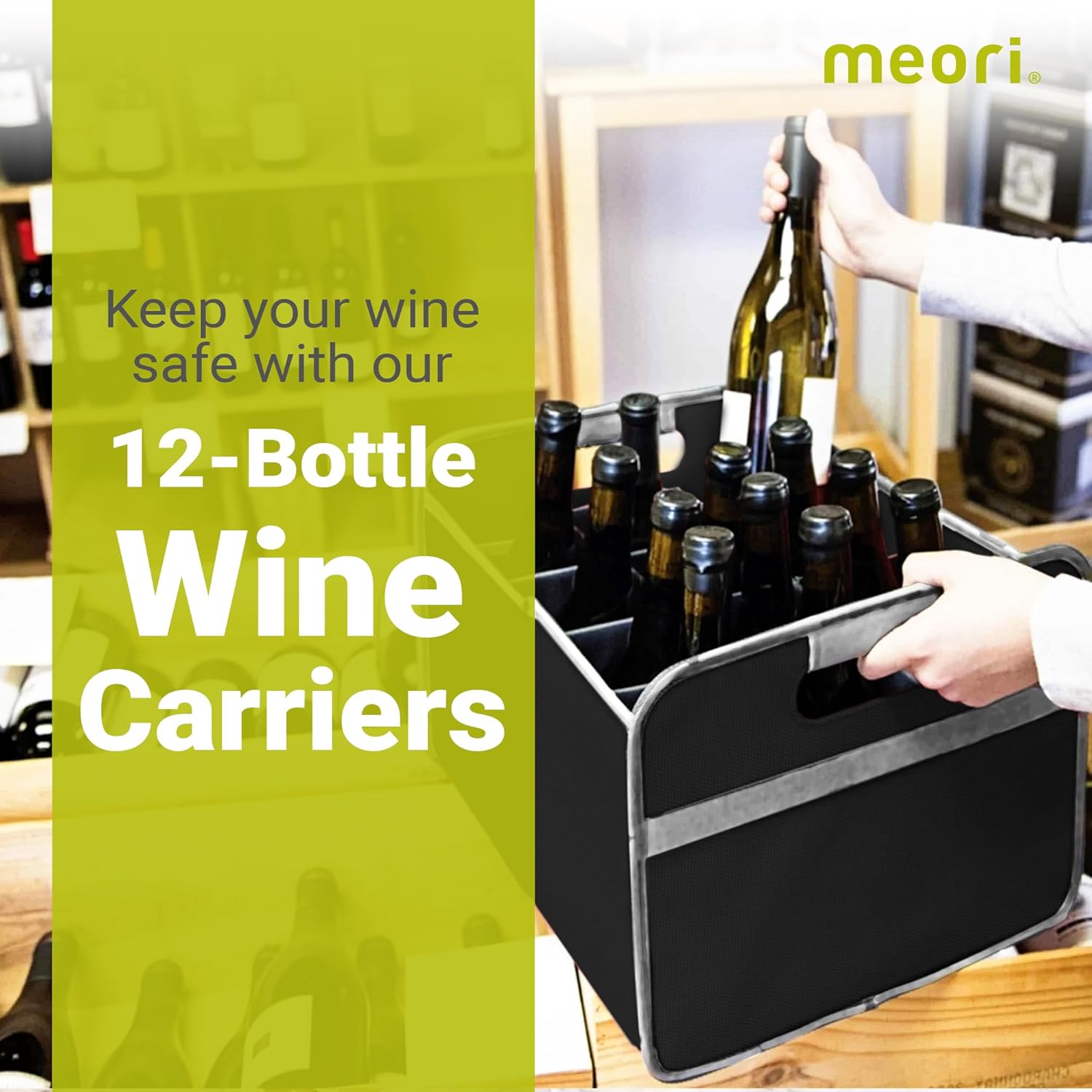 Meori – Collapsible Wine Tote Bag, Durable Wine Bag 12 Bottle, Tear-Resistant Reusable Drink Tote Bags for Alcohol, Foldable Drink Carrier, Portable Wine Carrier, Wine Lovers Gift, Lava Black