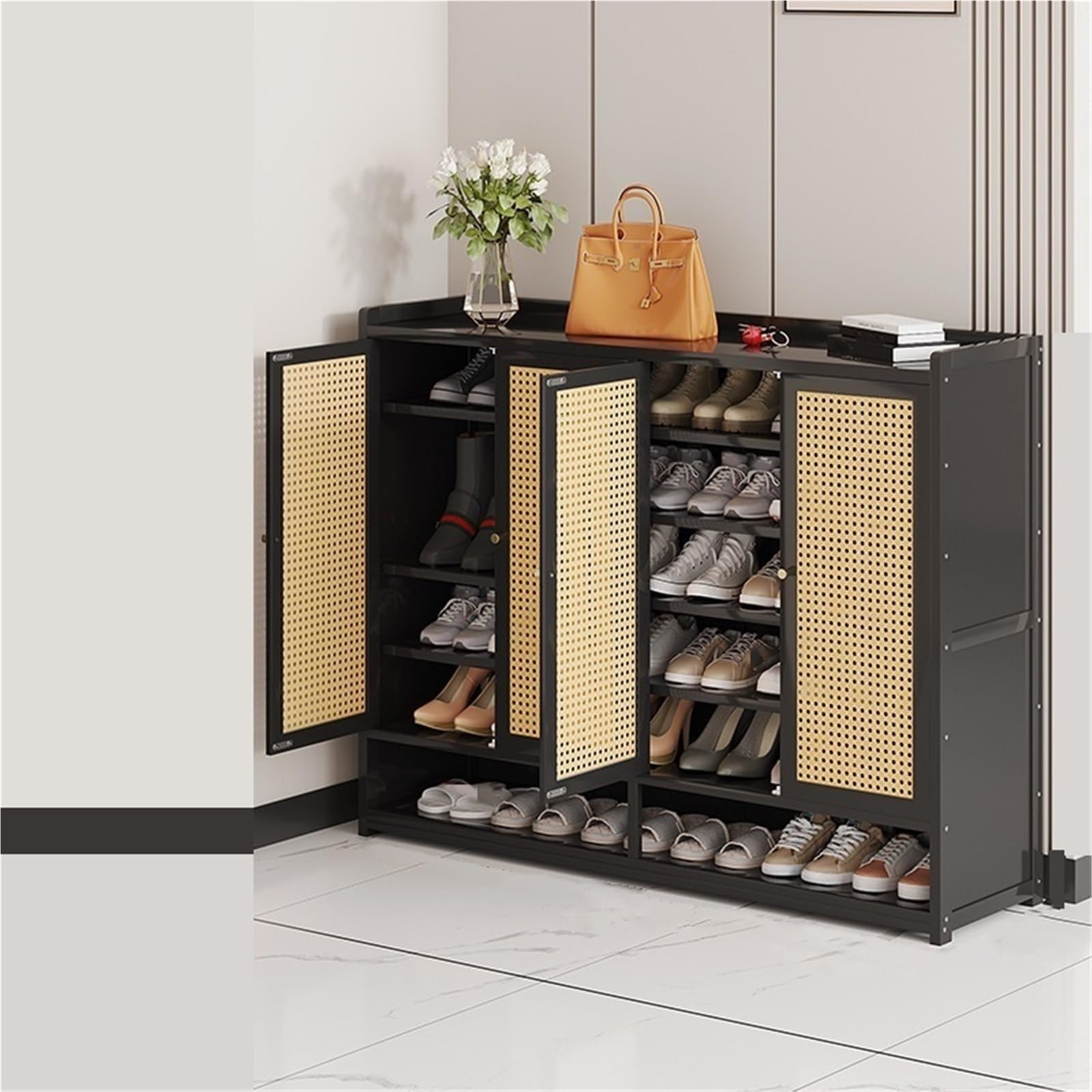 SDCFFC 7 Tier Bamboo Shoe Storage Cabinet with Boot Storage Freestanding Shoes Racks with Doors Shoe Cabinet Shoe Shelves Organizer for Entryway Hallway Bedroom,Freestanding Organizer
