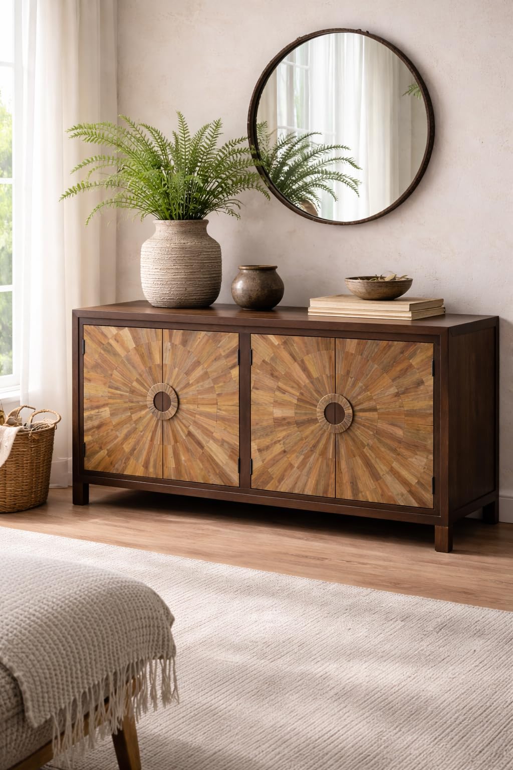 Rustic Wooden Sideboard with Sunburst Pattern Doors, 180 x 40 x 90 cm, Dark Brown Finish, Storage Cabinet for Living Room-image-24