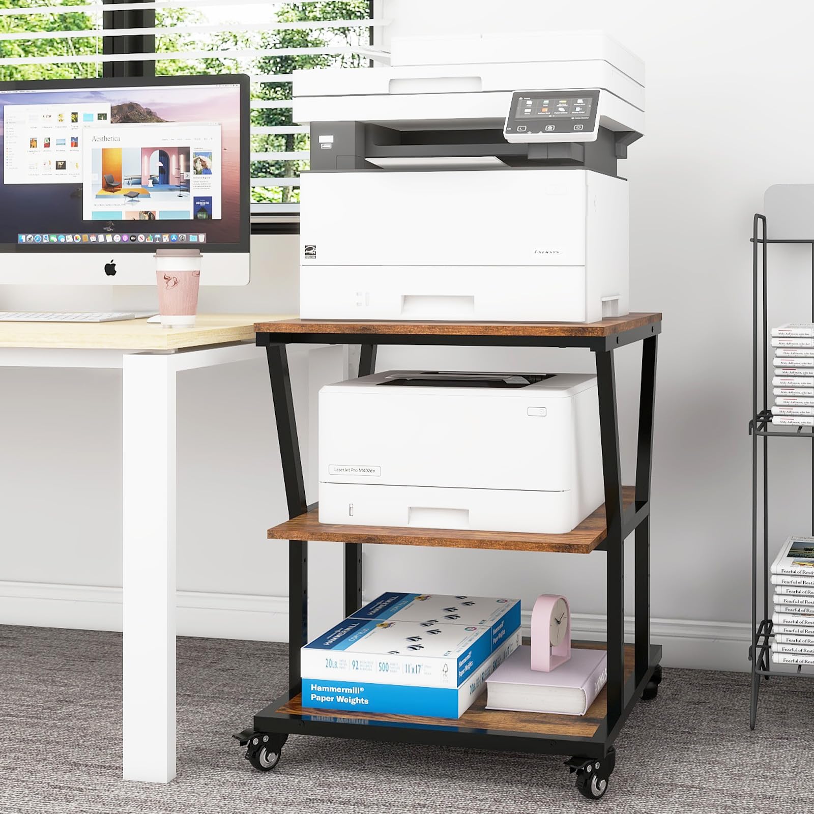 PUNCIA 3 Tier Large Printer Stand,50x50x75cm Heavy Duty Printer Table, Copier Stand, Laser Printer Cart with Paper Storage Shelf for Home Office (Retro)