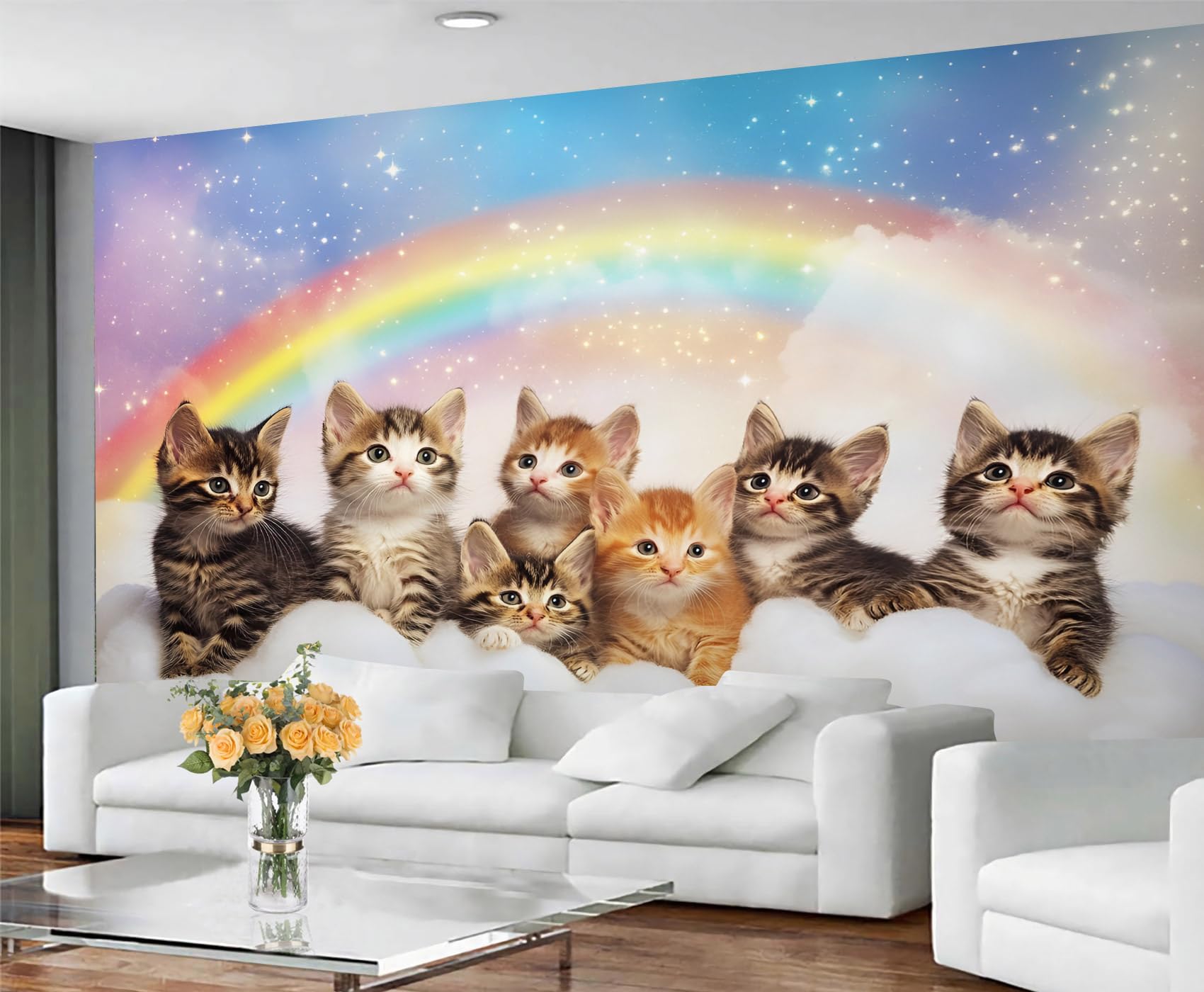 GIVLWF Cat Print Wallpaper Cartoon Rainbow Mural Wallpaper Cute Cat Bedroom Wall Paper for Living Room Non Self Adhesive Wall Murals & Home Decor โ image 1