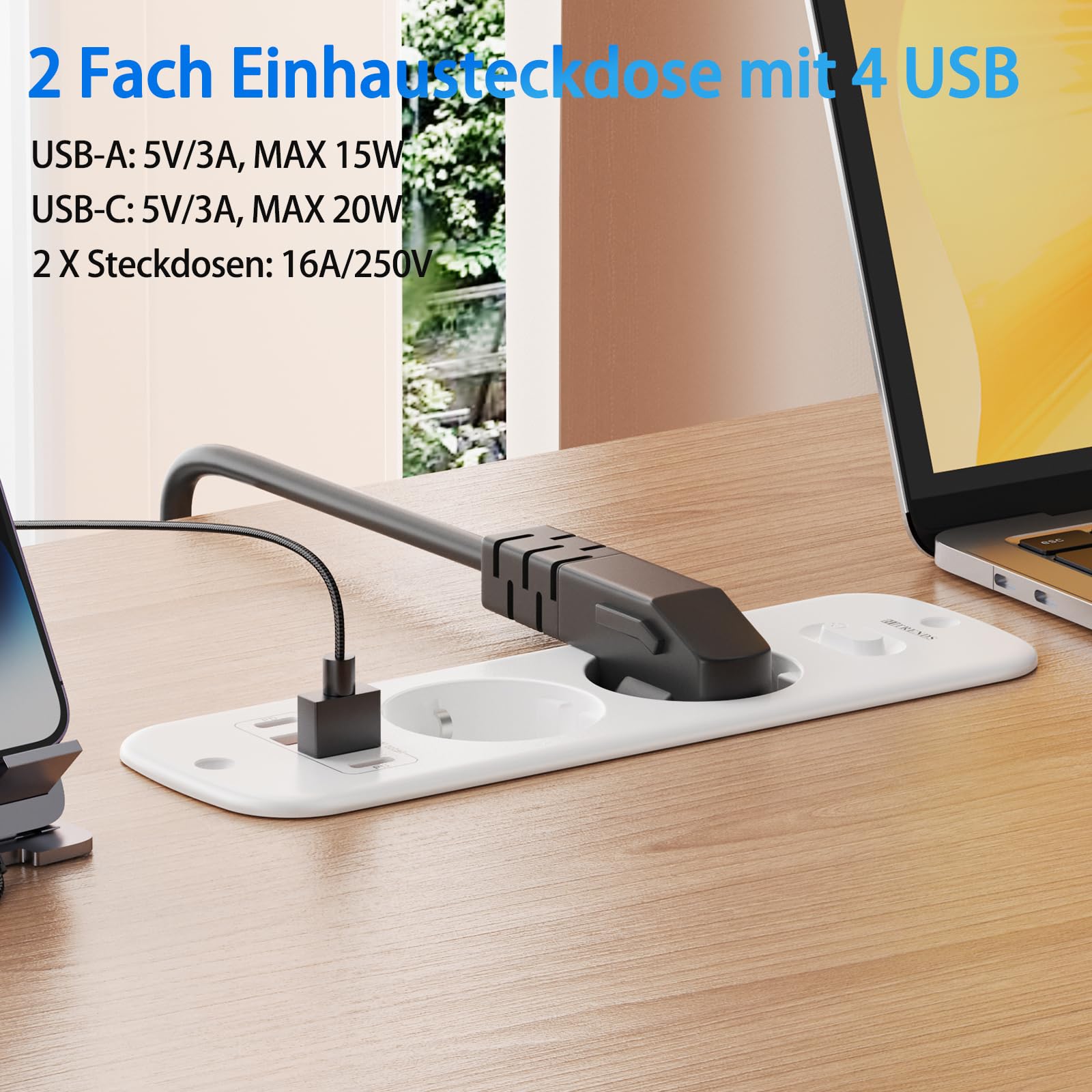 Blat wysuwane gniazdko z 4 portami USB (2 × USB-A + 2 × USB-C) i przełącznikiem, listwa zasilająca do zabudowy, listwa zasilająca z 2 gniazdami 2 m, 4000 W/16 A, gniazdko stołowe do biura, biura
