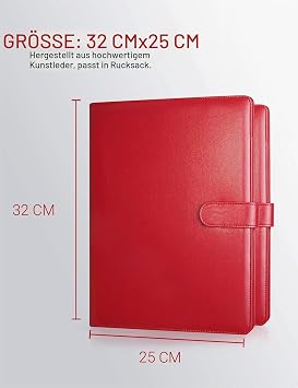 Folder A4 Clipboard A4 with Lid Writing Case Leather Clipboard Folder Work Folder A4 Notebook Writing Pad Document Organiser with Inner Compartments (Red)