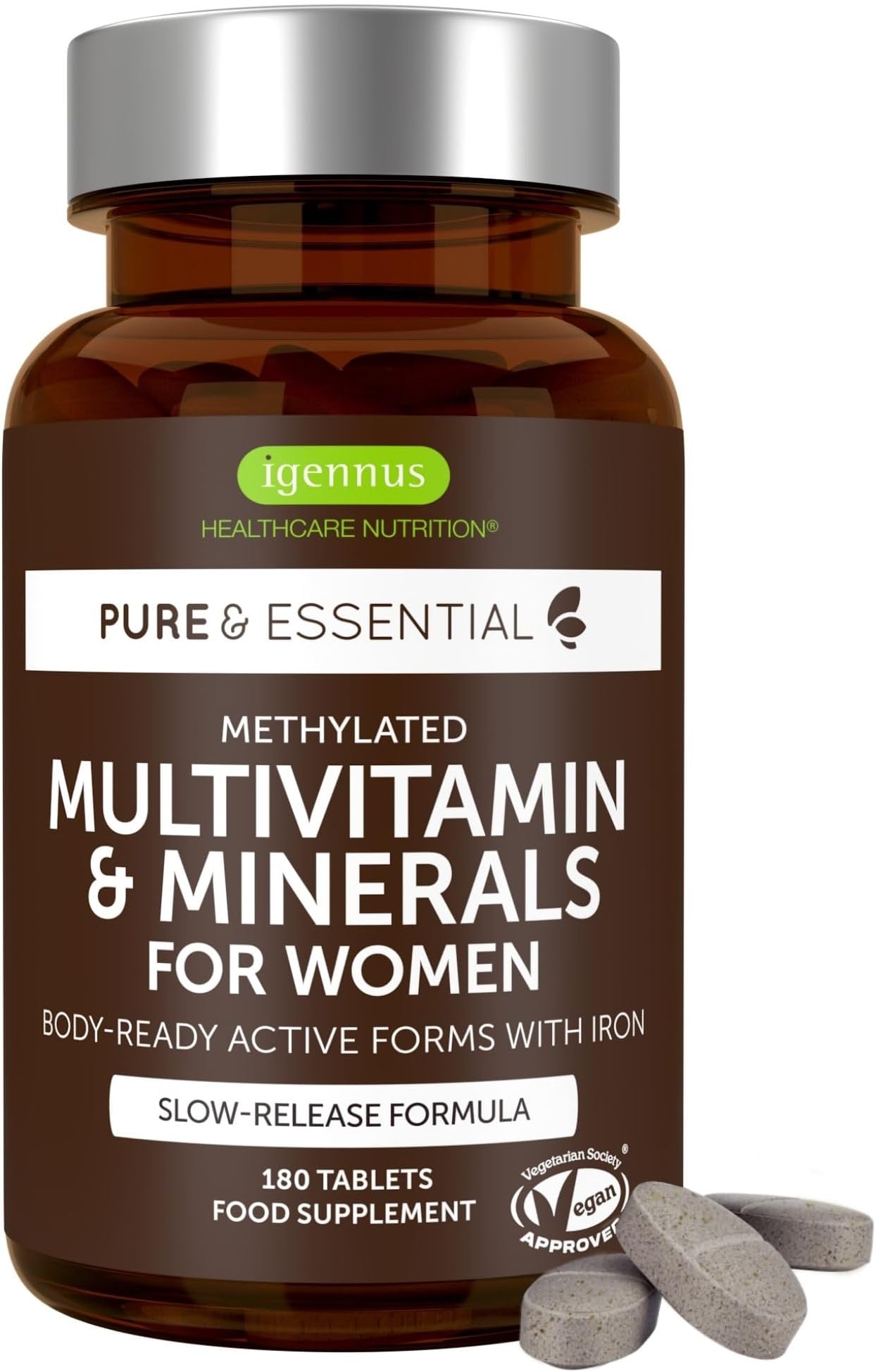 Igennus Methylated Women's Multivitamin with Gentle Iron, 21 Active Nutrients, Pure & Clean, All Day Nutrient Delivery, High Strength B-Vitamins, Easy-to-Swallow, 180 Vegan Tablets, 90 Servings