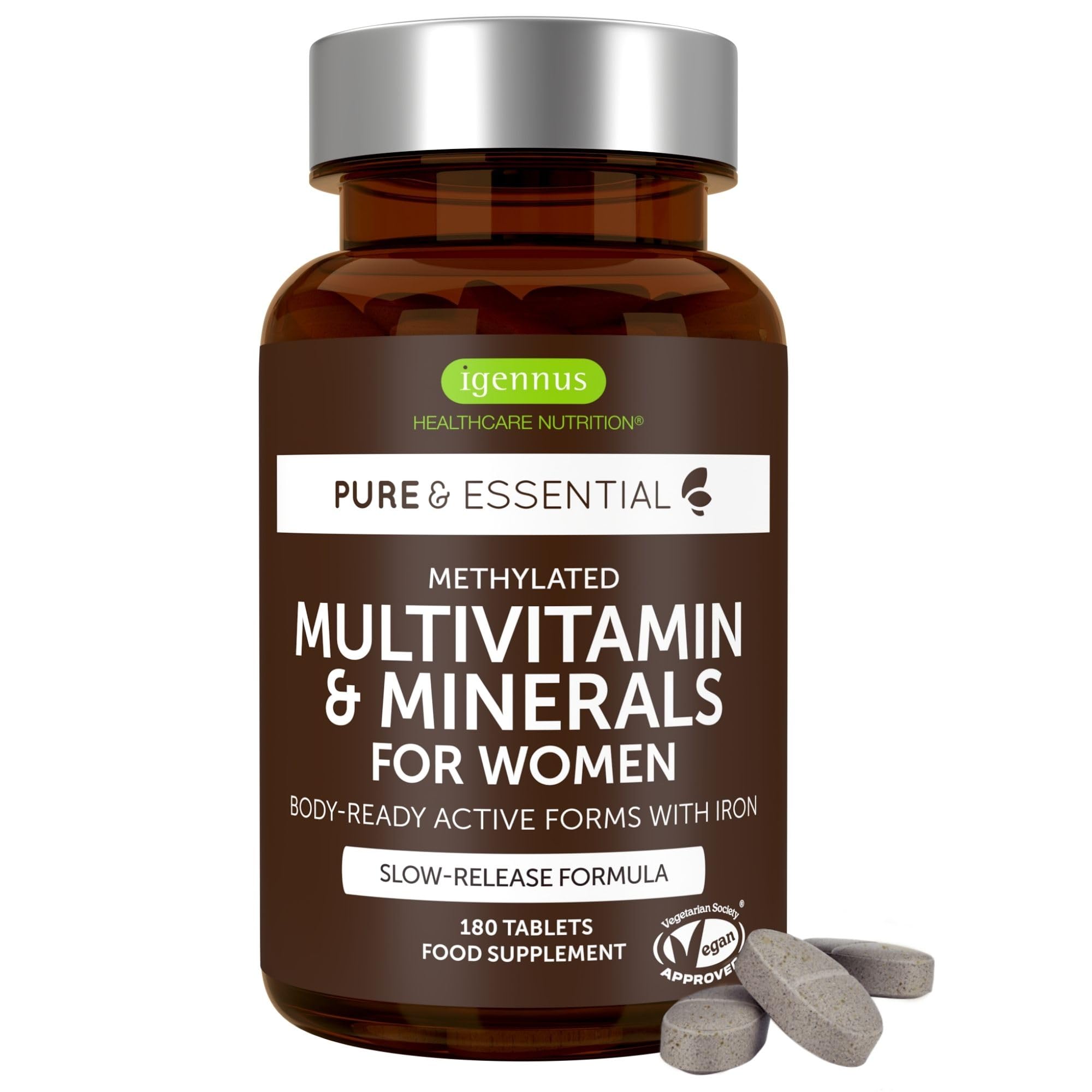 Igennus Methylated Women's Multivitamin with Gentle Iron, 21 Active Nutrients, Pure & Clean, All Day Nutrient Delivery, High Strength B-Vitamins, Easy-to-Swallow, 180 Vegan Tablets, 90 Servings