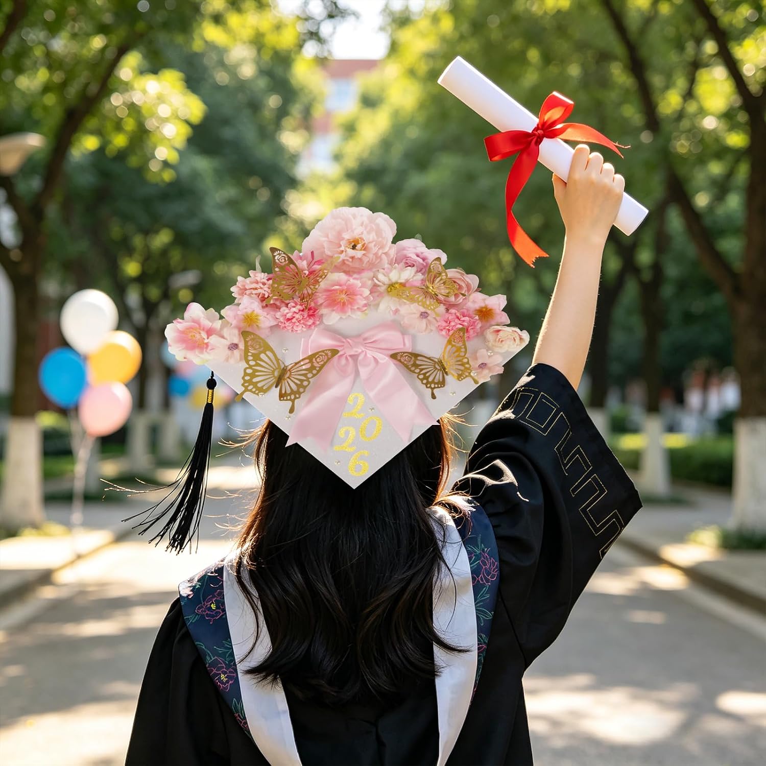 KOILLUXU DIY Graduation Cap Decoration Kit，Faux Flowers, 3D Butterflies, Pearls, Pink Bow, Grad Cap Topper, Letter Sheets & Adhesive Dots for Grad Party