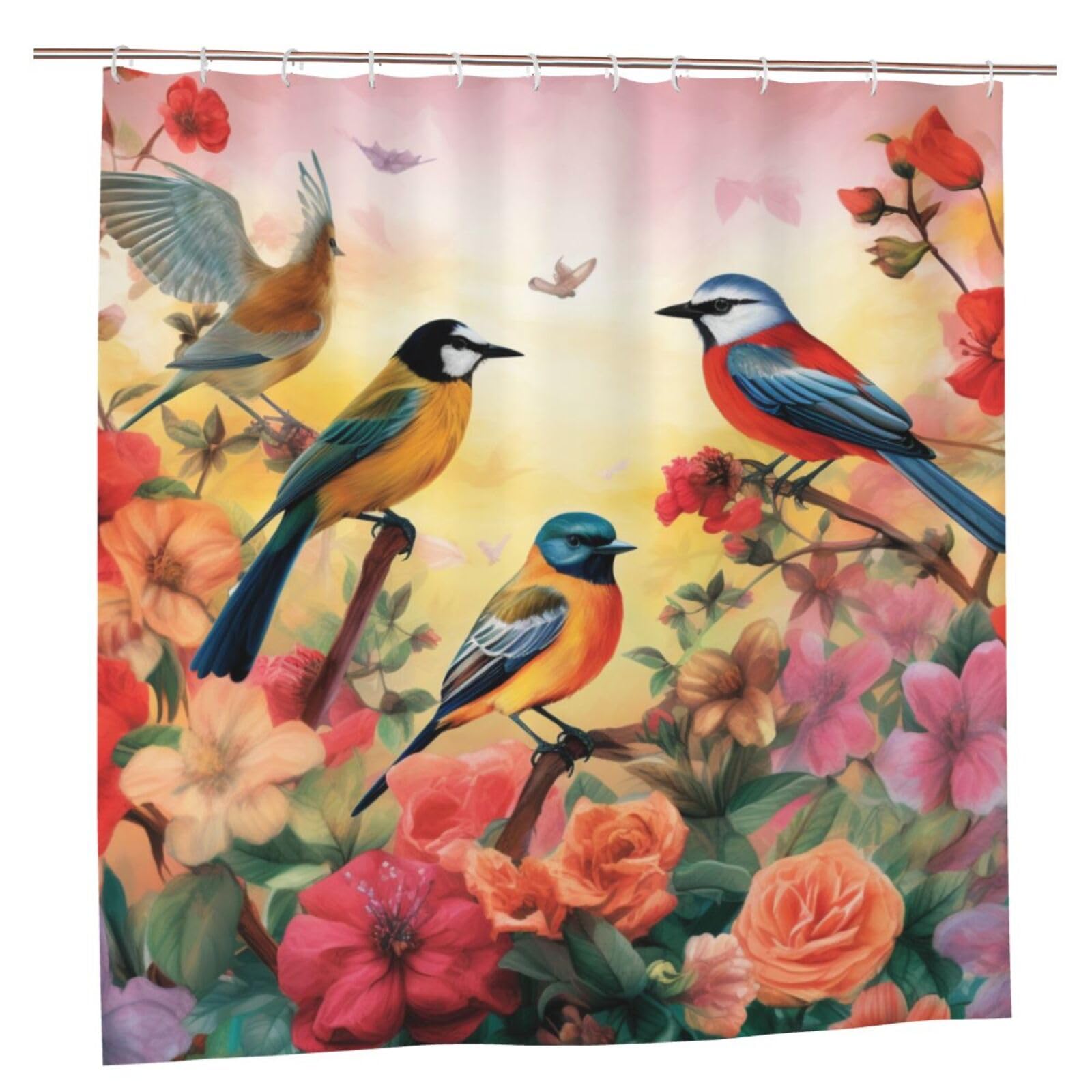 BWWHCCTI Birds and flower Printed Shower Curtain With 12 Plastic Hooks Opaque Quick Drying Waterproof Shower Curtains Sets For Bathroom 183x183 CM