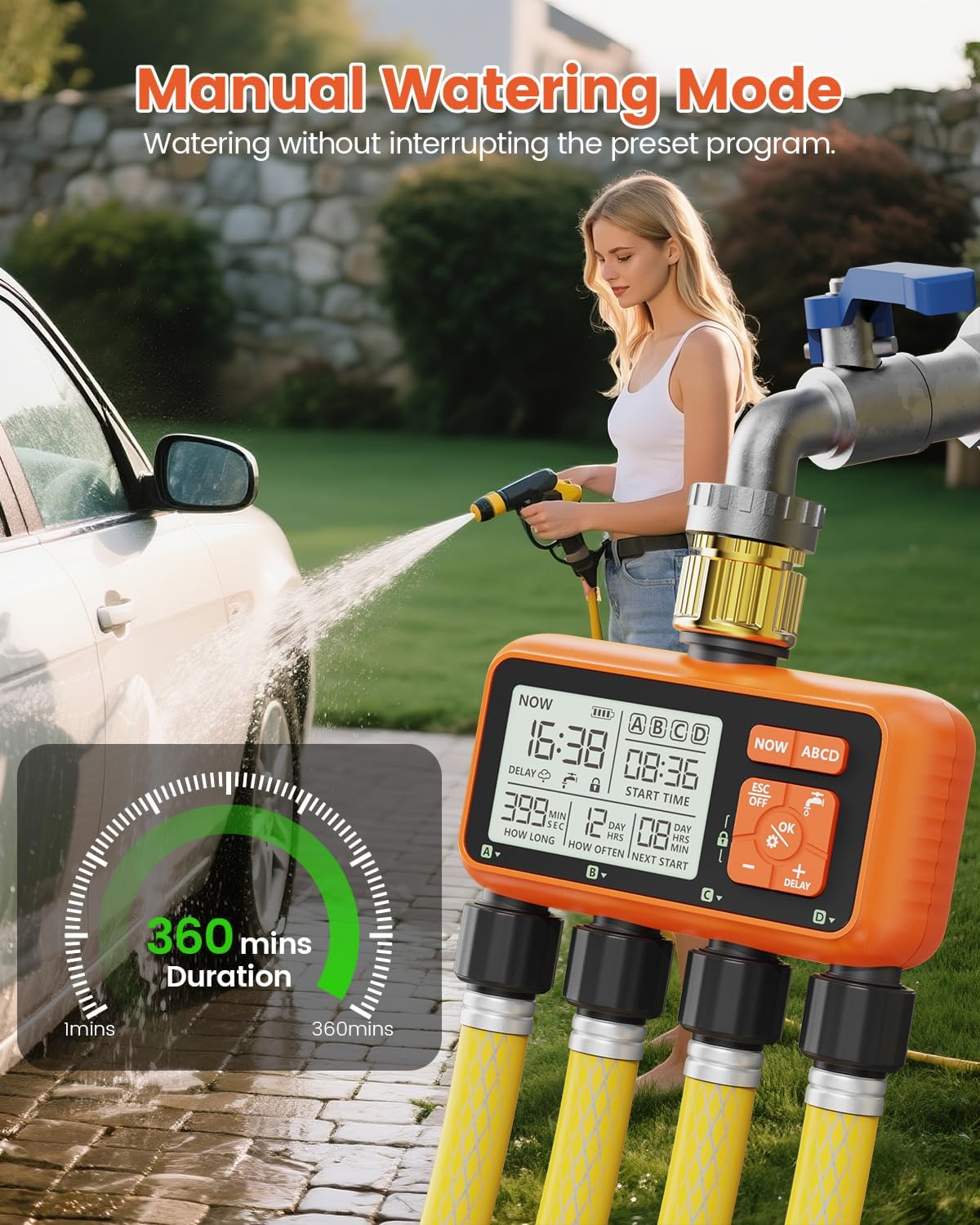 Water Timer for Garden Hose with Brass Inlet, 4-Outlet Hose Timers for Watering - Programmable Digital Irrigation Timer, Rain Delay, Auto/Manual Watering for Lawn, Yard & Drip Systems