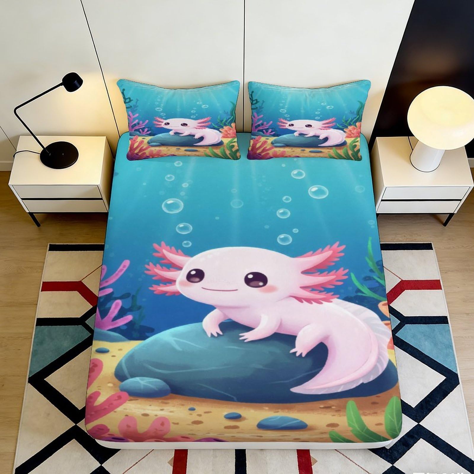 3D Printed Pink Axolotl Fitted Sheet Microfiber Soft Breathable Cartoon Aquatic Bed Cover for Bedroom Guestroom Decor 90x200x25cm