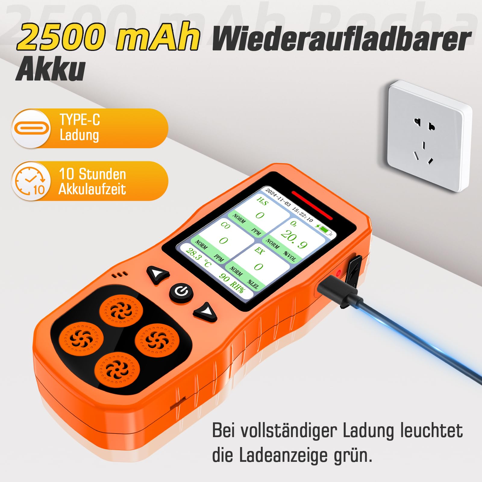 4 Gasmelder, Tragbar 4 Gas Monitor für H2S, CO, LEL und O2 Analysator, Wiederaufladbarer 4 Gasdetektor mit Ton, Licht und Vibration, Orange