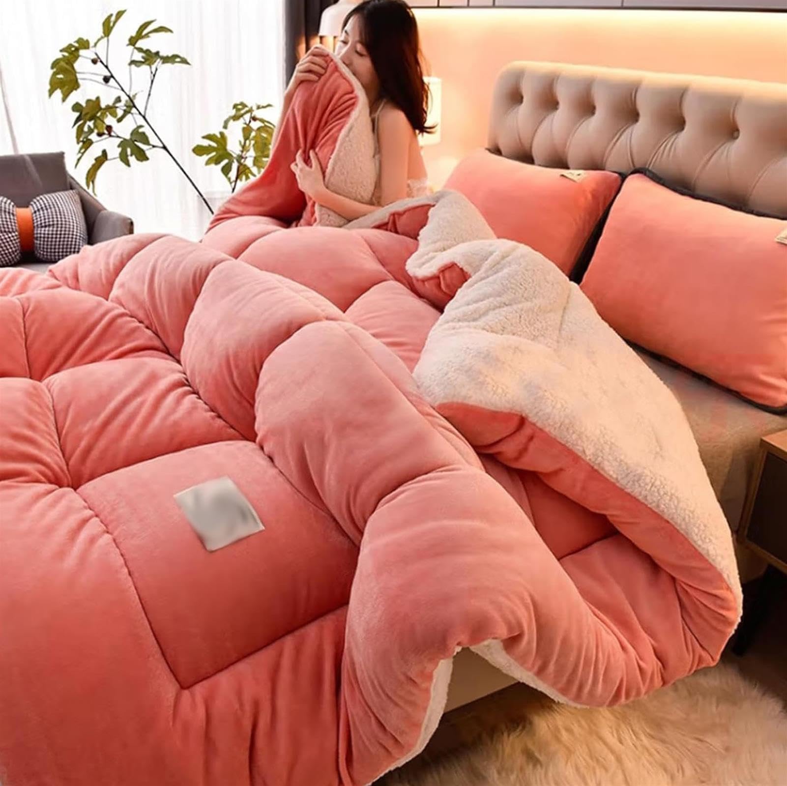 UYSELA Winter Quilt, Soft Plush Velvet Blanket, Heavy Warm Double-Sided Quilt, Fluffy Fuzzy Fleece Blanket for Bed Sofa, Pink, 200 × 230 cm (3kg)