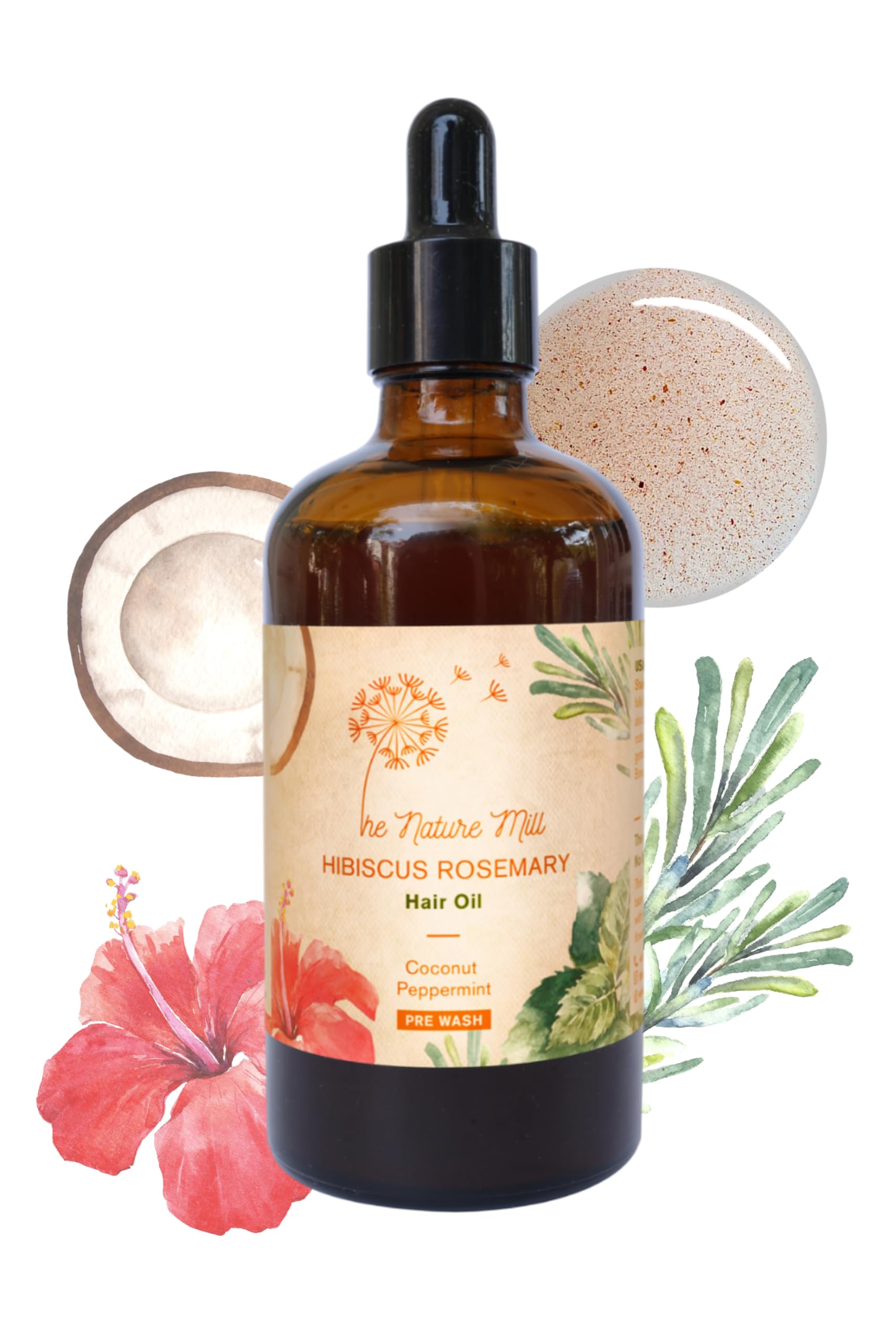 The Nature Mill Hibiscus Rosemary Hair Oil. For stronger hair. No mineral oil or base, no extracts or fragrances. Made with cold pressed oils & essential oils.100ml (Coconut Peppermint)