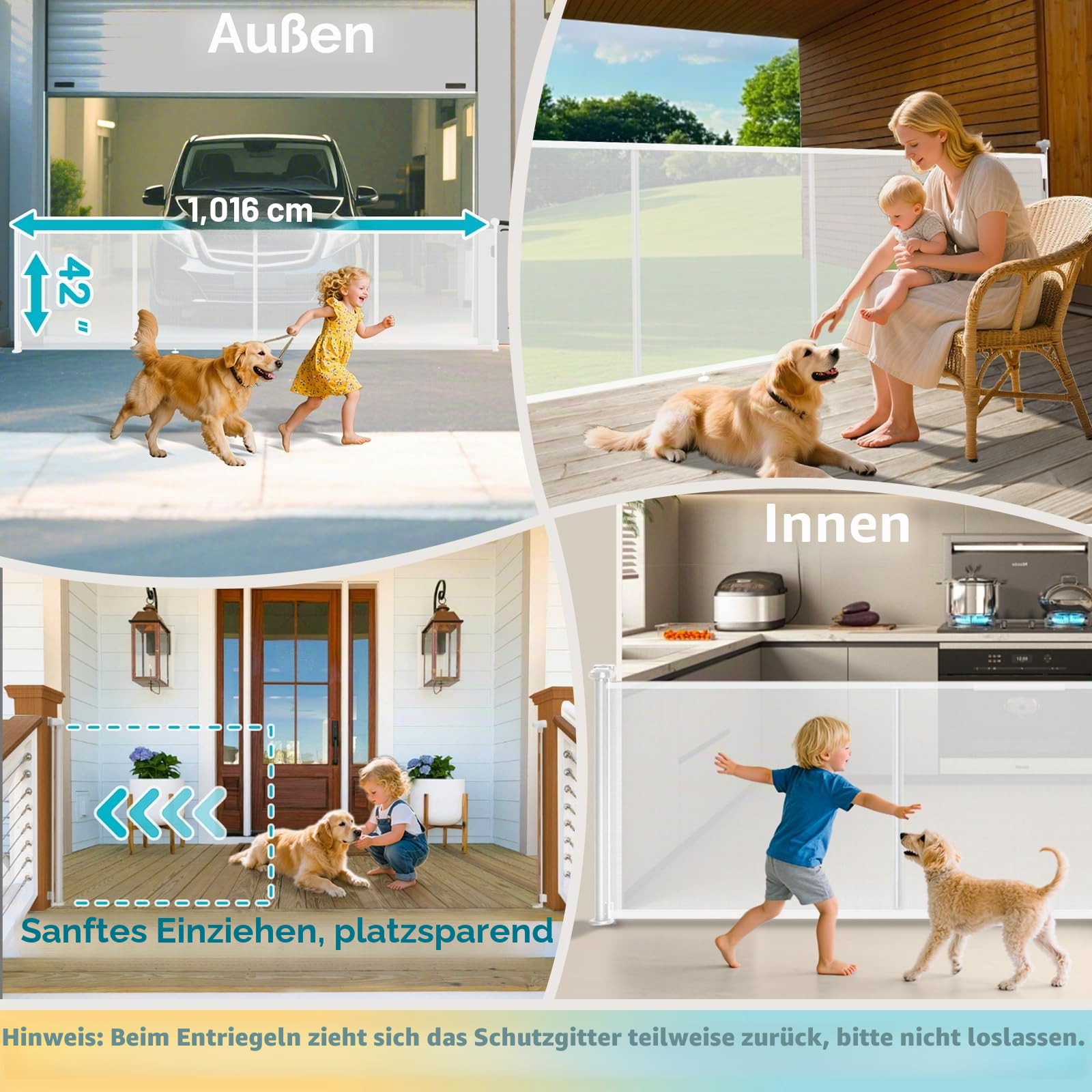 400 cm einziehbares Babygitter, extra breit, verbessertes 105 cm hohes einziehbares Treppenschutzgitter für Baby und Hund, Hundegitter, Babygitter für Treppen/Flur/Innen/Außenbereich
