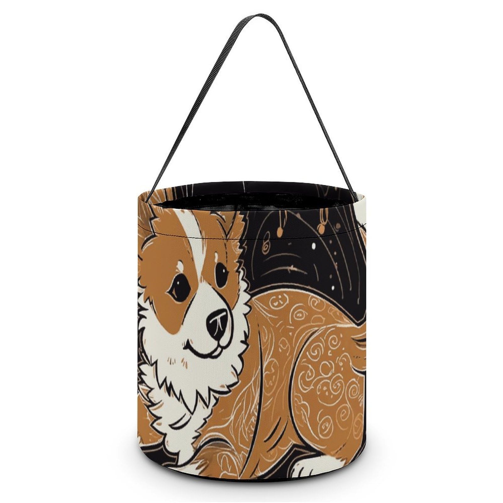 JTREHY Corgi Who Loves Music Candy Basket Hand-held Portable Candy Basket Collapsible Reusable Candys Bags Trick Or Treat Bags Party Festival Gift Bucket