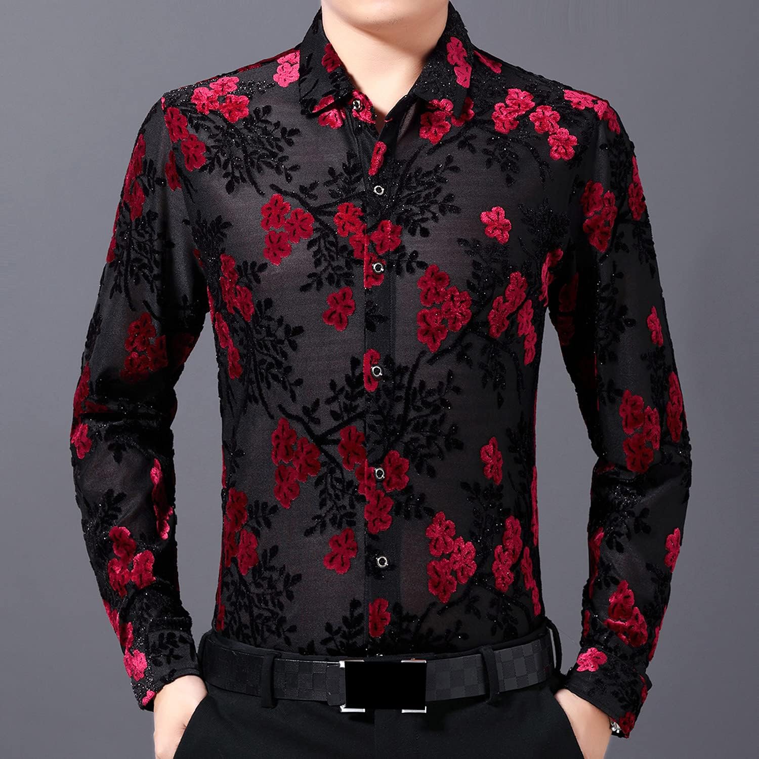 Mens Shirts Long Sleeve Casual See Through Sheer Lace Shirt