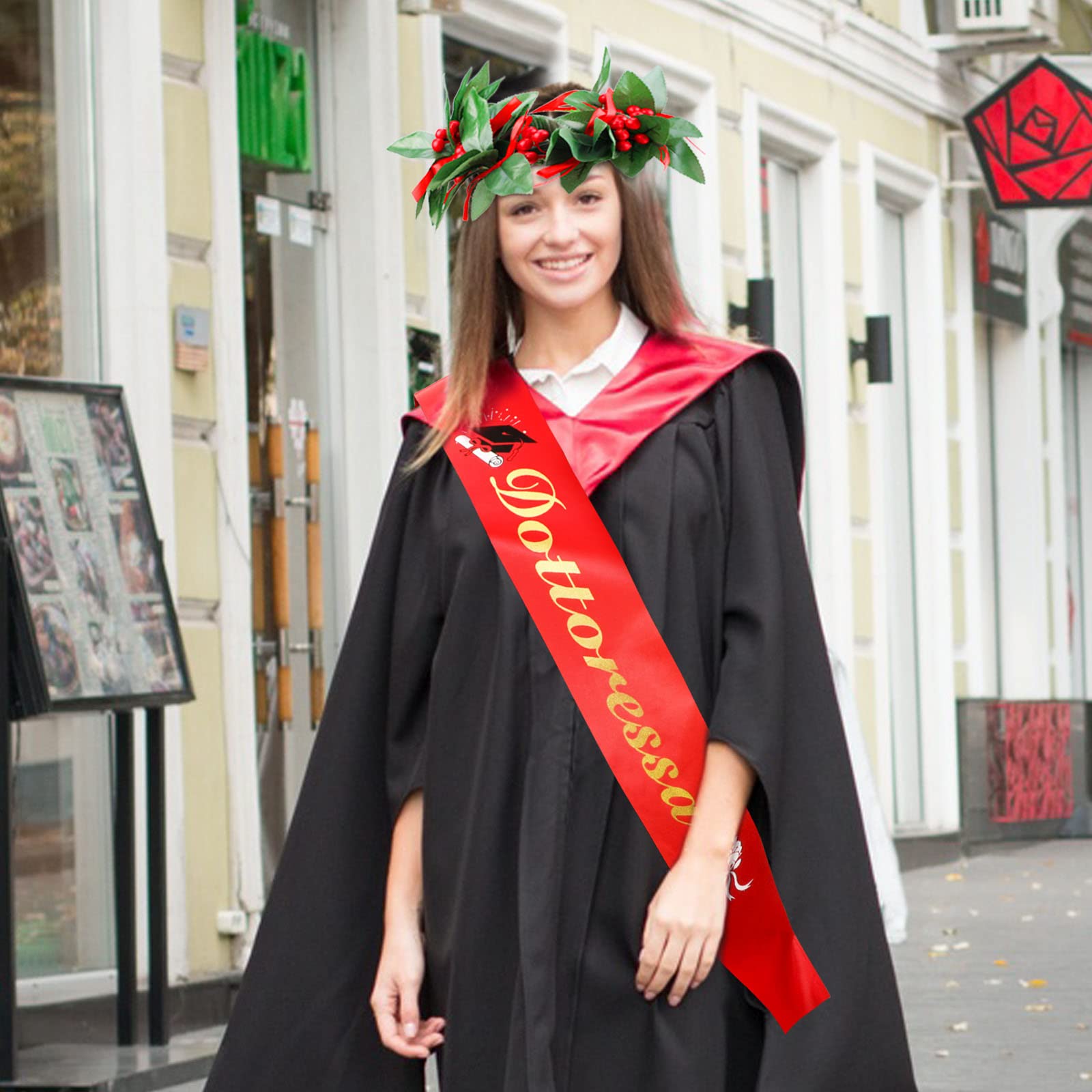 DPKOW Dottoressa Fascia Laurea Corona Alloro per Donna Dottoressa Laurea Festa Accessori Gadget Bomboniere, Simulazione Corona di Laurea Rosse Fascia Regalo Souvenir