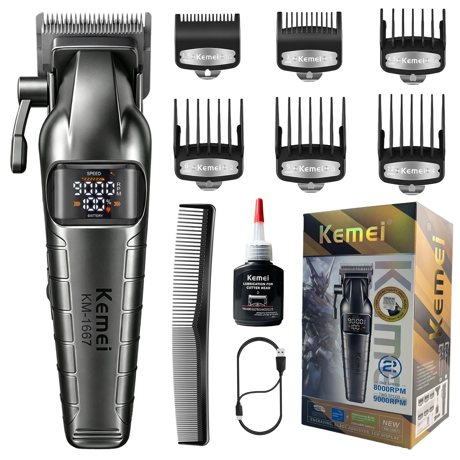 KEMEI 1667 Cortapelos Hombre Profesional, Maquina Cortar Pelo Inalámbrico | Motor2 Velocidades(8000/9000 RPM),6 Peines y Pantalla LED,Cuchilla de Cerámica y Acero-Ideal para Autocorte y Regalo(Gris)