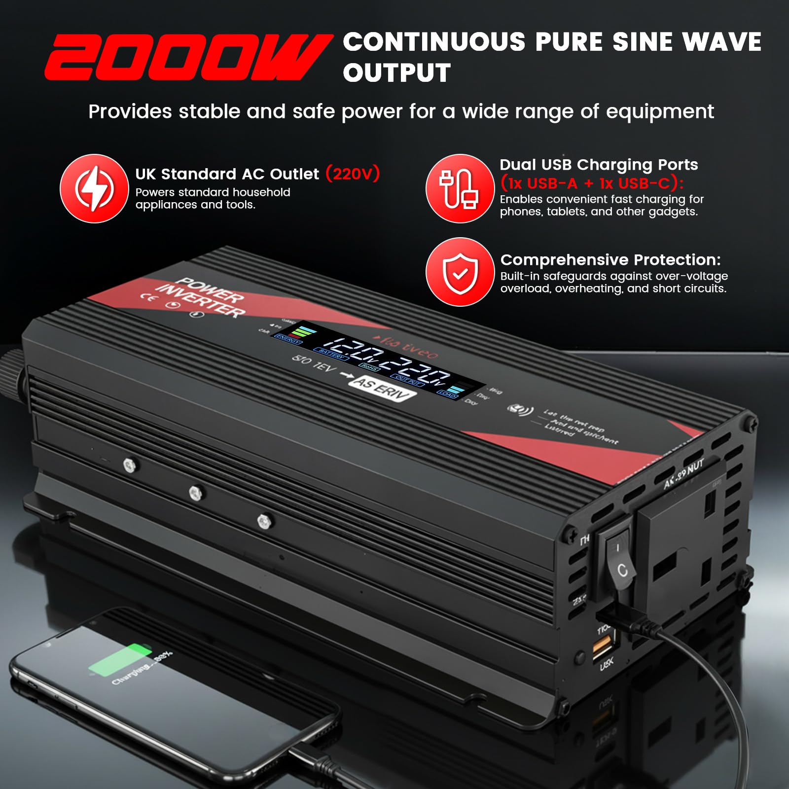 2000W Power Inverter 12V to 240V with LCD Display, 2 UK Sockets & USB Port, Modified Sine Wave Car Inverter for Camping, RV, Truck, Home Use – High Efficiency >95%, Safety Protections (Red) - 5