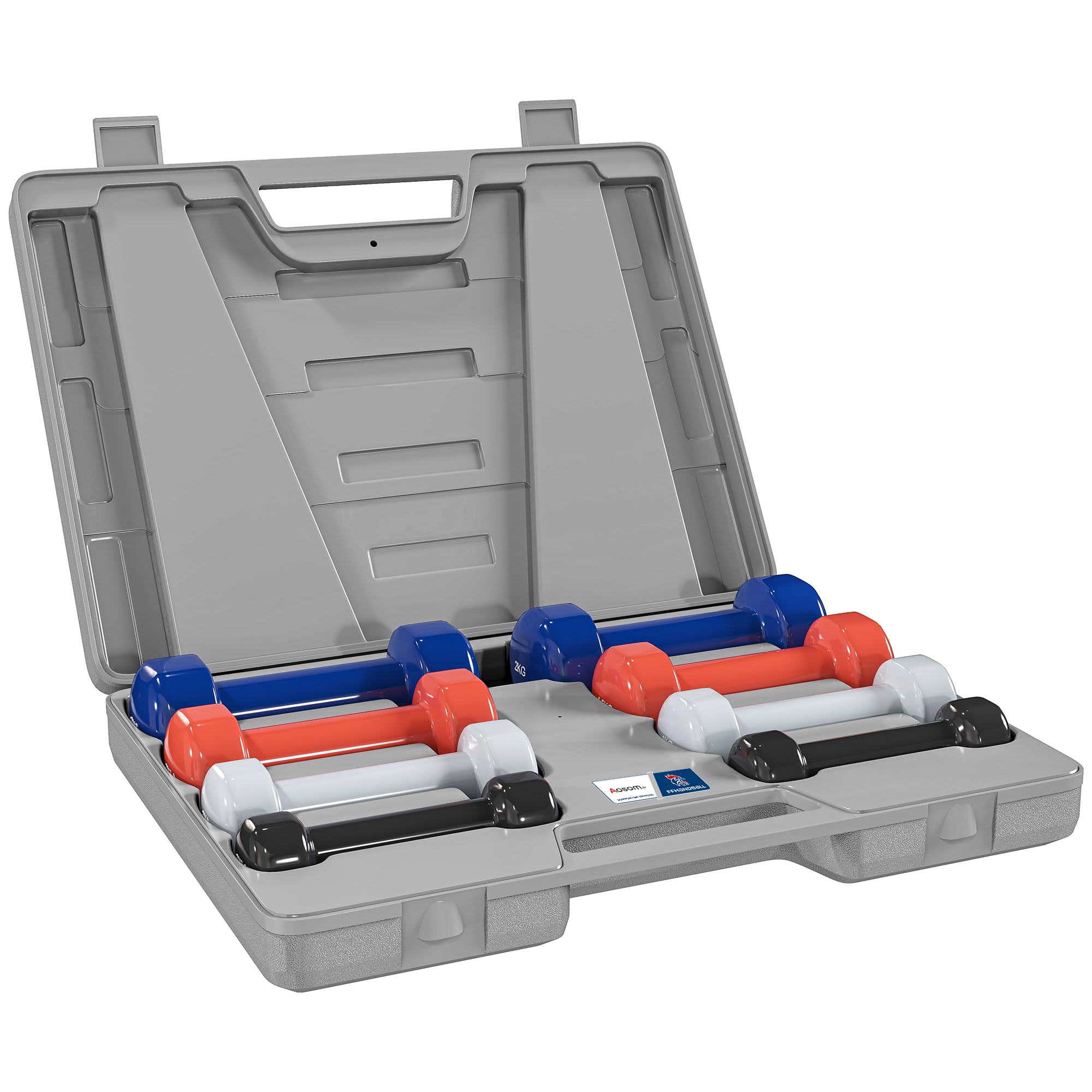 HOMCOM Ensemble d'haltères courtes total 10 Kg - paires de 0,5/1/1,5/2 Kg avec malette - entraînement musculaire & haltérophilie - métal PU