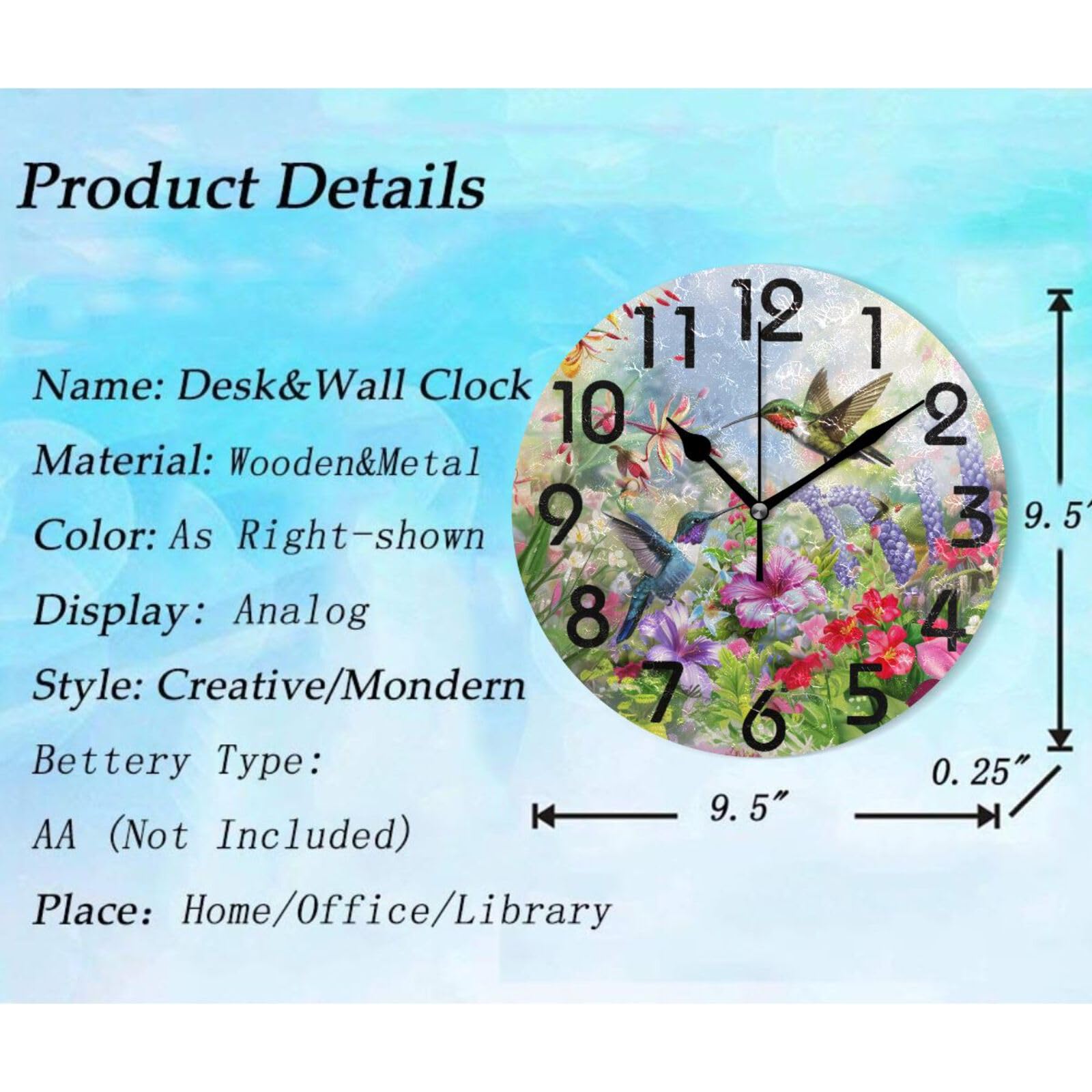 ZzWwR Pretty Sping Colors Flowers Two Hummingbirds Round Wall Clock, 10 Inch Analog Quiet Non Ticking Desk Clock for Home Kitchen/Living Room/Bedroom/Bathroom/Office