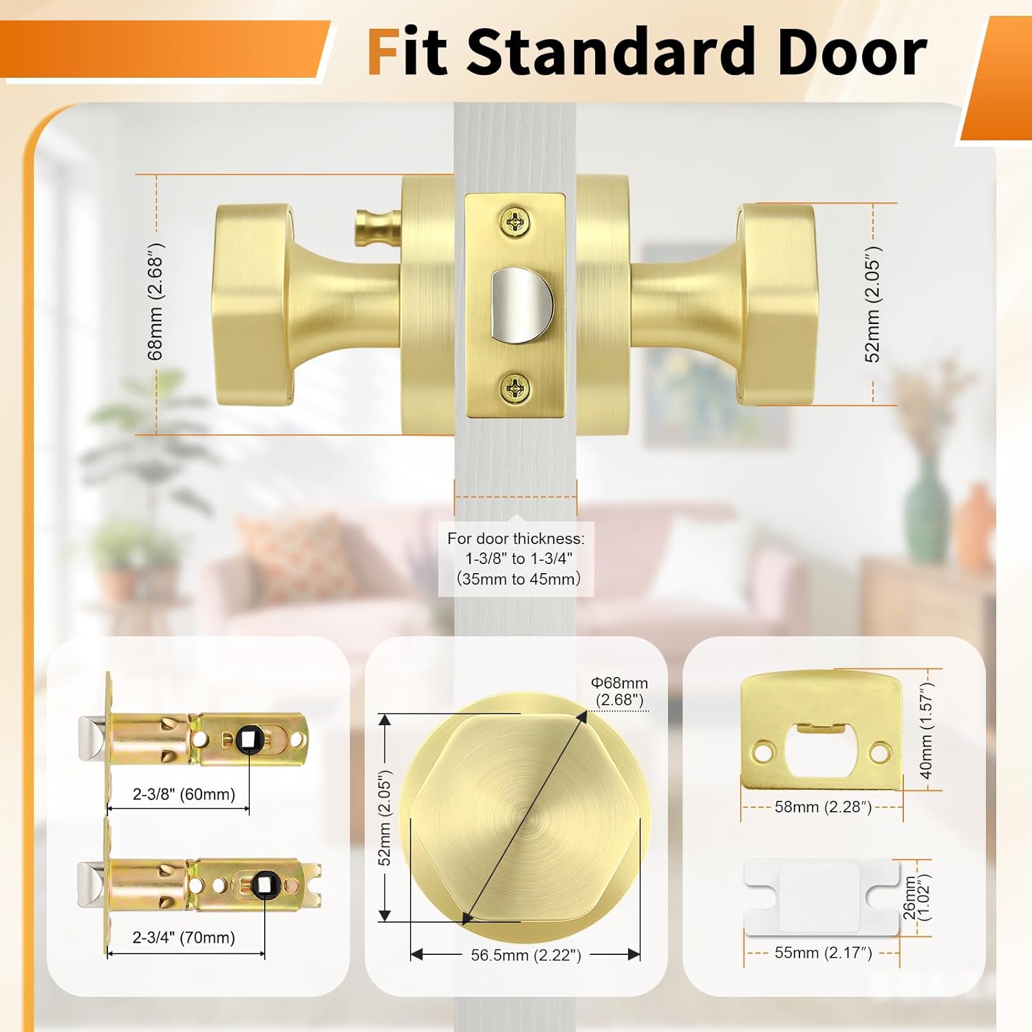 Probrico 1 Hexagon Privacy Door Knobs and 1 Gold Closet Door Knobs Bundle Set, Brushed Gold Interior Door Knobs for Bedroom Bahtroom Hallway