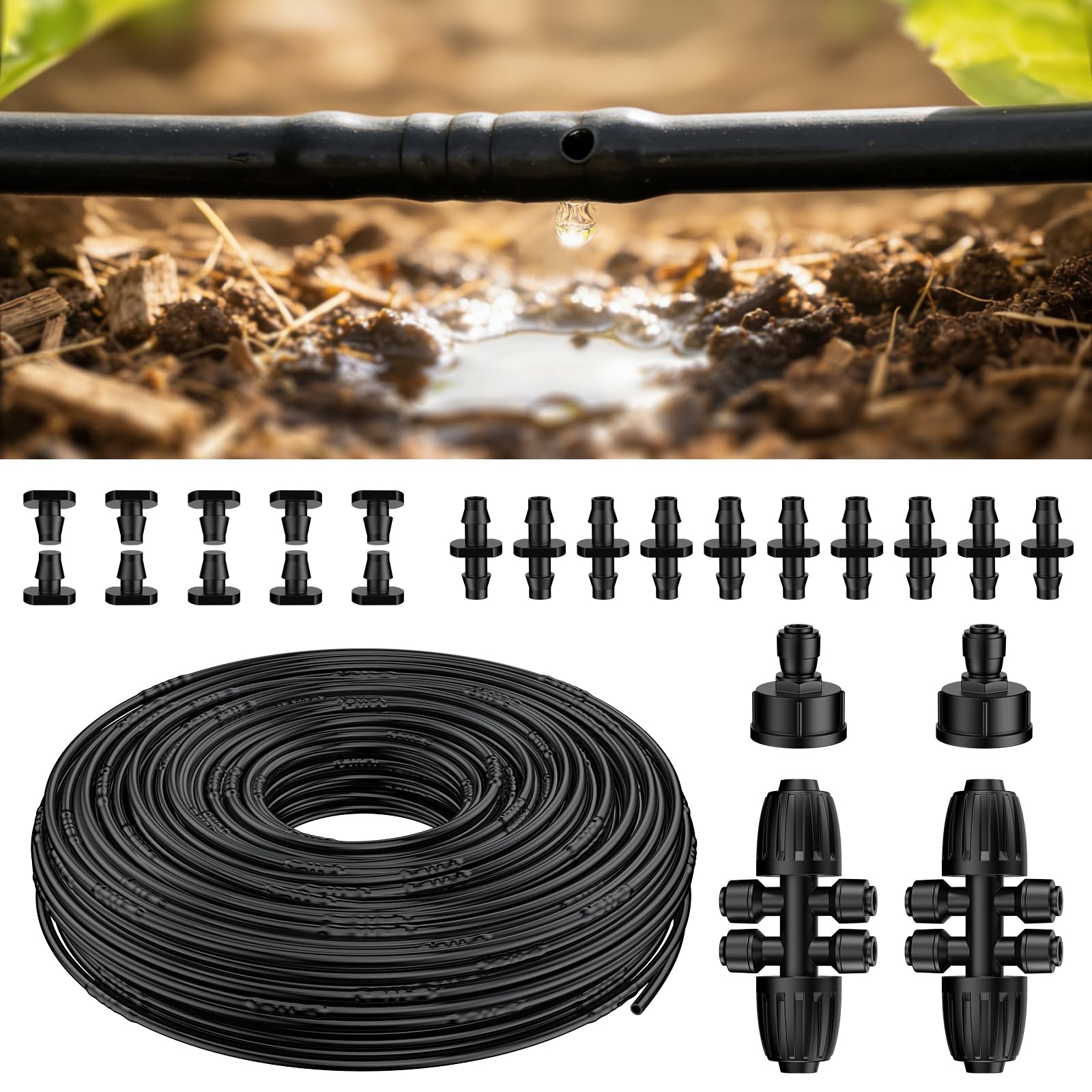 Pawfly 6,35 mm Manguera de goteo (rollo de 61 m), Tubo goteo con separación de 15 cm, Manguera de riego PE con 24 piezas, tubo distribuidor negro para sistemas de riego por goteo