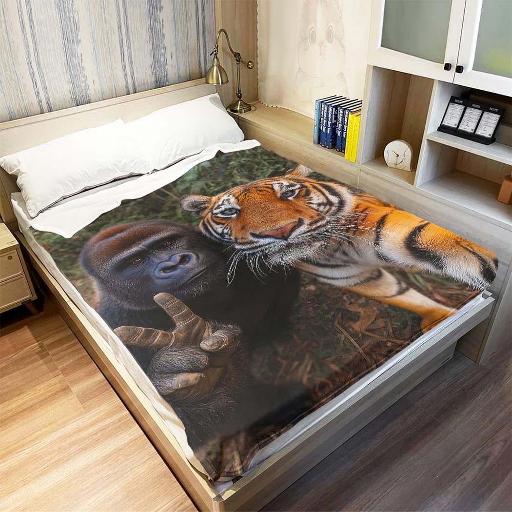 60"x80" Fun Gorilla Tiger Blanket, Soft Cozy Fleece for Couch Sofa Bed - Image 3