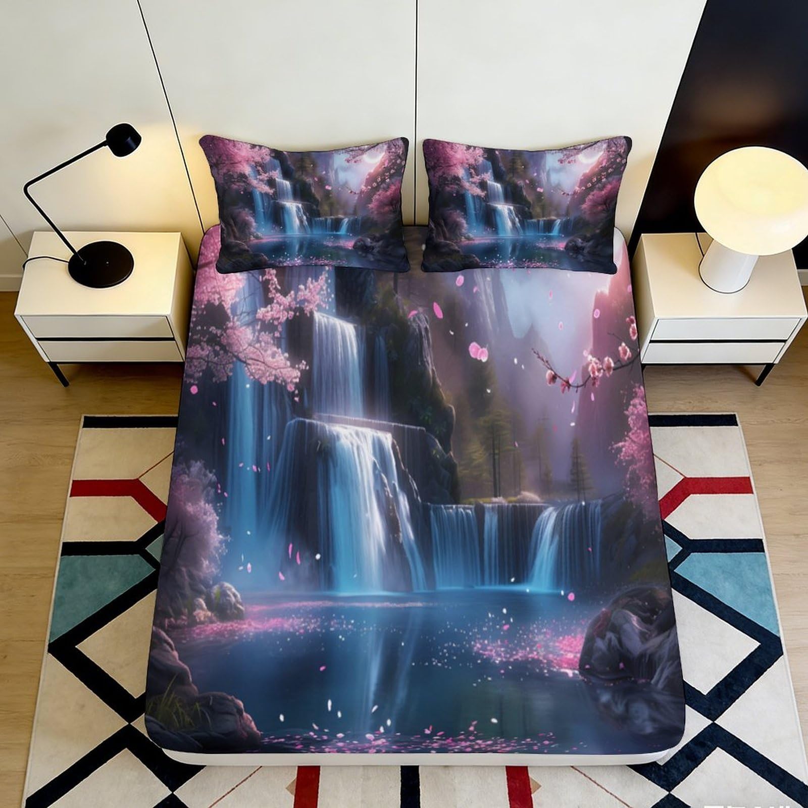 3D Printed Waterfall Aurora Fitted Sheet Microfiber Soft Gradient Nebula Bed Cover Anti-Slip Bedroom Decor Mattress Protector 90x200x25cm