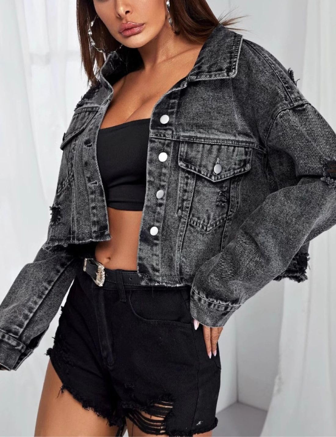 Kwoki Womens Denim Jacket Frayed Washed Cropped Long Sleeve Button Jean Coat With Chest Pocket