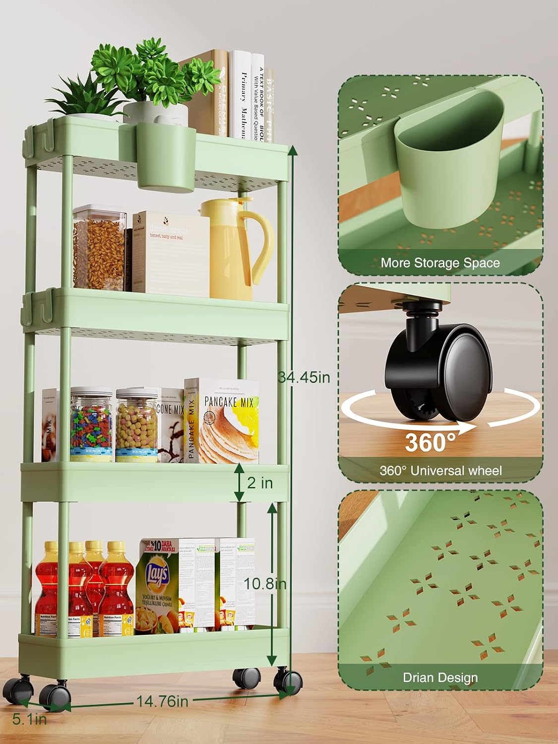 LEHOM 5.1" Slim Storage Cart - 4 Tiers Bathroom Organizer Mobile Shelving Unit Storage Rolling Utility Cart Slide Out Organizer for Kitchen Bathroom Laundry Narrow Places, Green