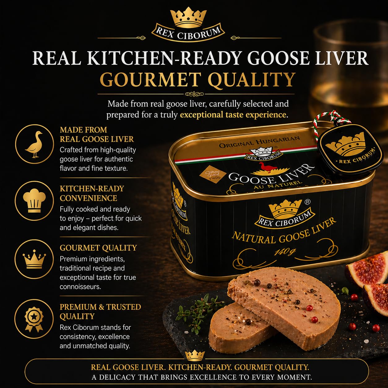 Rex Ciborum Goose Liver Foie Gras au Naturel 140 g – Premium French Gourmet Delicacy | Ready to Eat Luxury Appetizer for Fine Dining