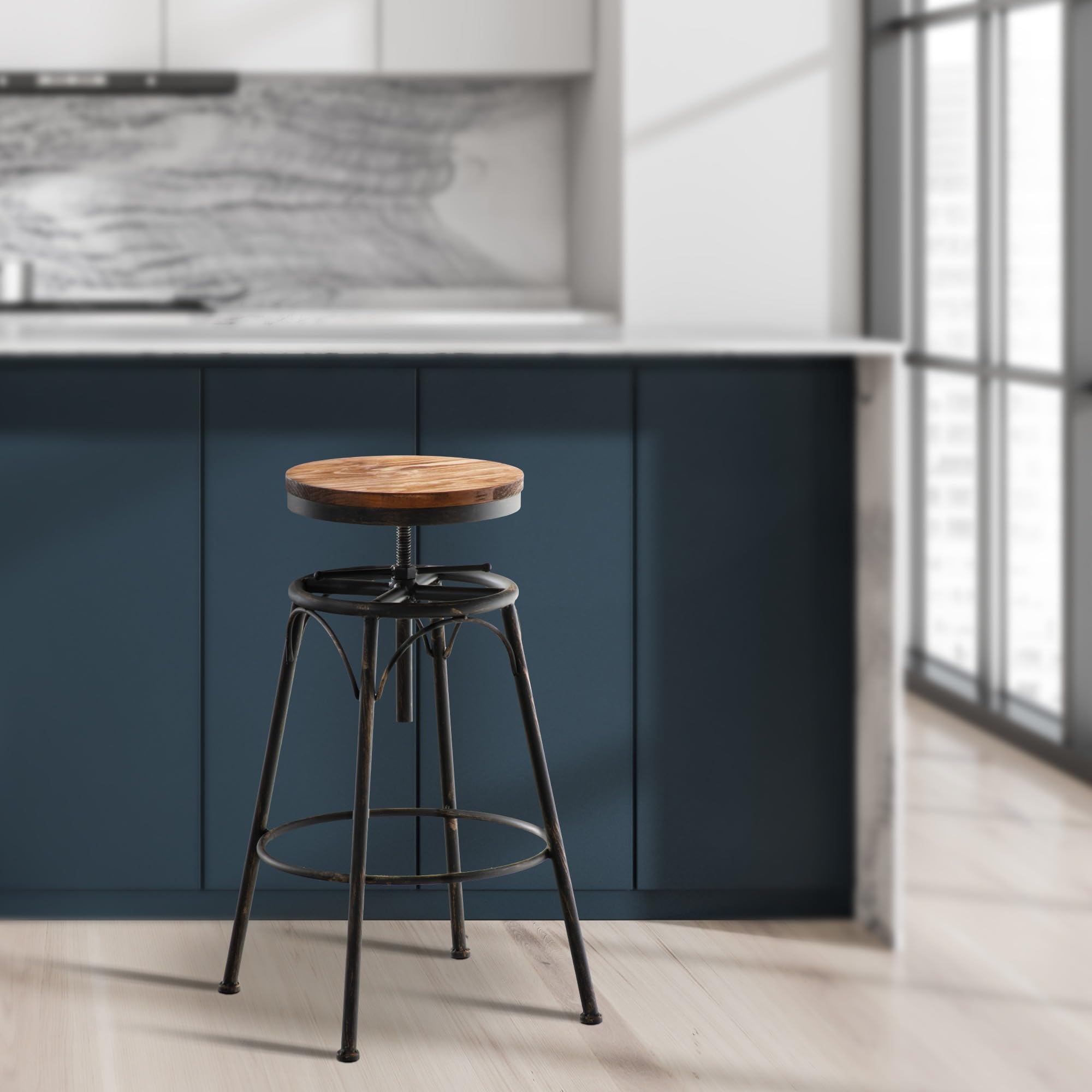 CLP Sgabello Bar Tondo Beam Industriale Con Poggiapiedi I Sgabello Bancone Regolabile 70-90 CM In Legno E Metallo | Colore bronzo
