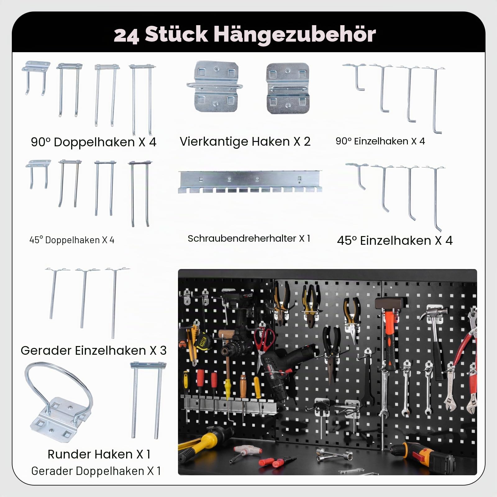 SOARS Werkbank mit Lochwänden, Werkzeugbank Metall mit 3 offenen Regalen & Zubehörteilen zum Aufhängen für Garage, Werkstatt (Schwarz, 121 x 61 x 156 cm)