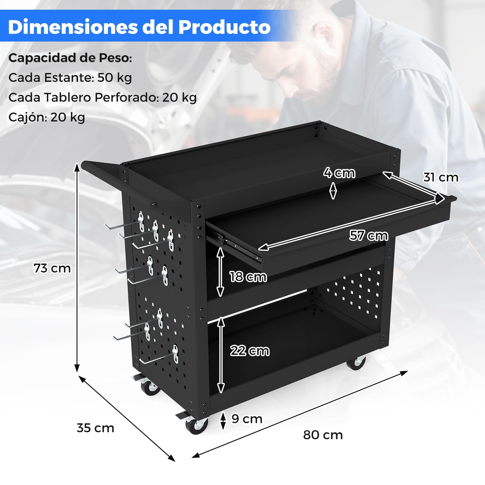 COSTWAY Carro Herramientas de 3 Niveles, Organizador de Herramientas con Cajón, 2 Tableros Perforados y 8 Ganchos, Marco Metálico, Almacén Garaje Taller, 80 x 35 x 73 cm