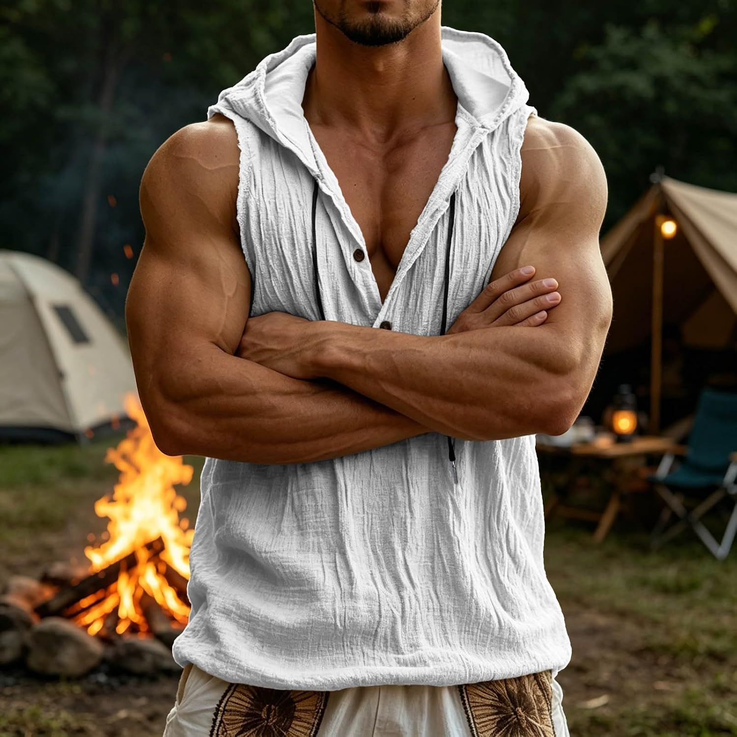 Men Cotton Hoodies Sleeveless Button Up Shirt Summer Casual Tops Beach Lightweight Tees Ruched Gauze Hoodies