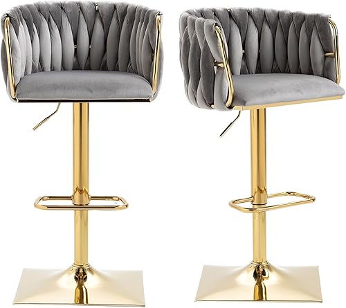 Miniatura 17 de SZLIZCCC Taburete de bar ajustable de terciopelo moderno, taburete de bar giratorio de 360 grados, taburete de isla de cocina curvado con respaldo