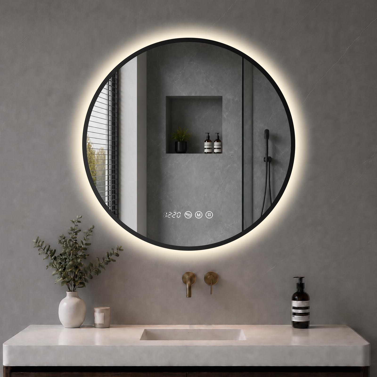 LED Badezimmerspiegel Rund Ø60 cm, Schwarzer Rahmen