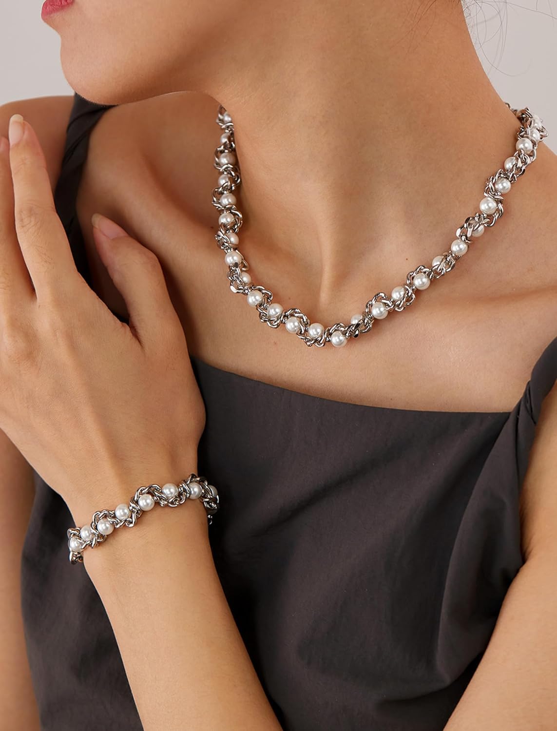 Pearl Chain Necklace for Women, Valentine's Day Mother's Day Jewelry Gifts for Her, White Silver Gold Plated Stainless Steel Link Faux Beads, Bridal Wedding Anniversary Birthday Christmas - Image 7